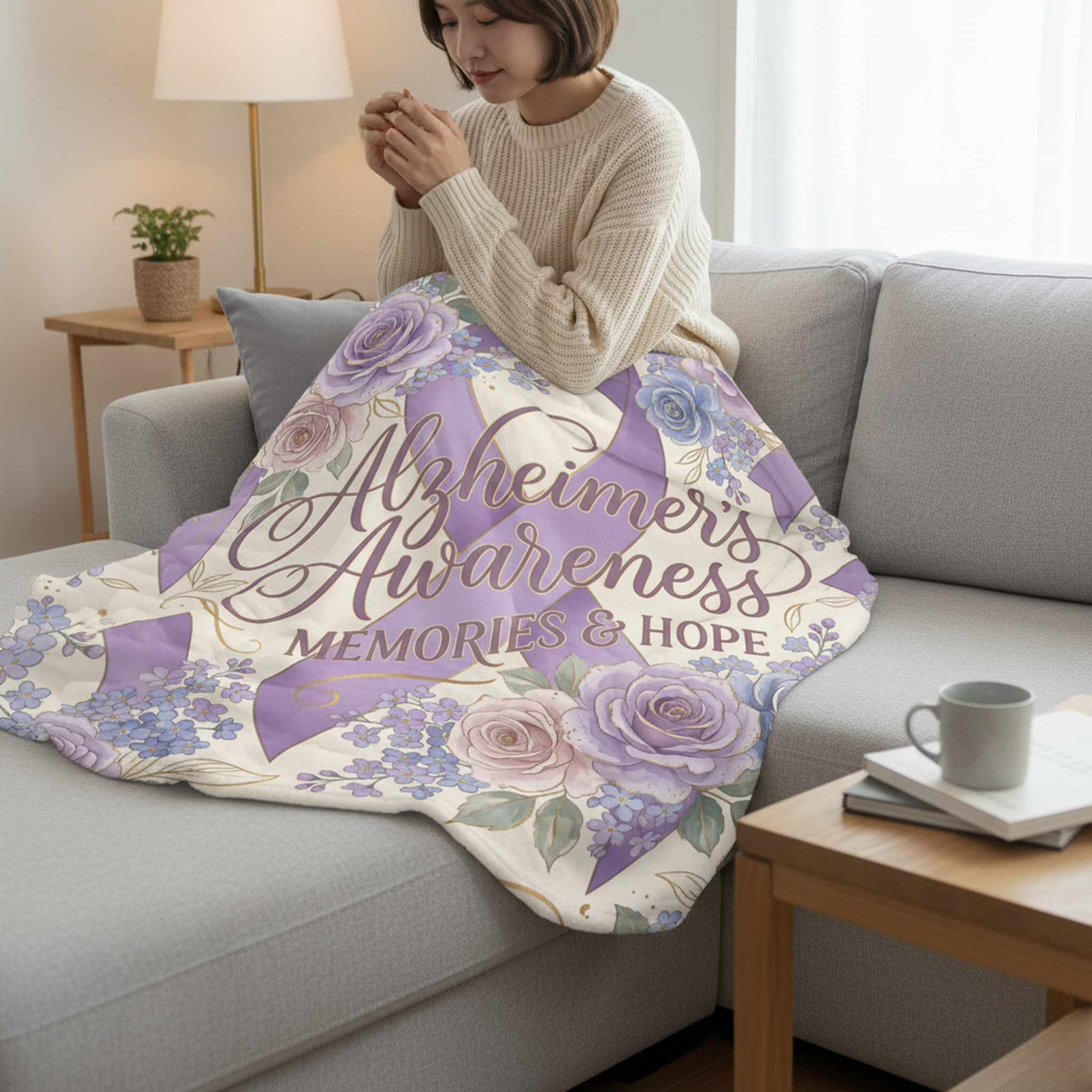 Alzheimer’s Awareness Fleece Sherpa Blanket — Memories &amp; Hope Lavender Ribbon Throw product thumbnail image