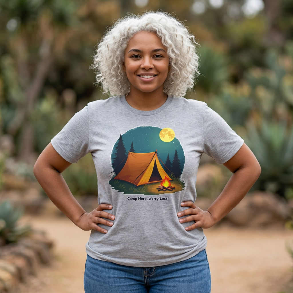 Camping T-Shirt - 'Camp More, Worry Less' Tent &amp; Campfire Graphic product thumbnail image