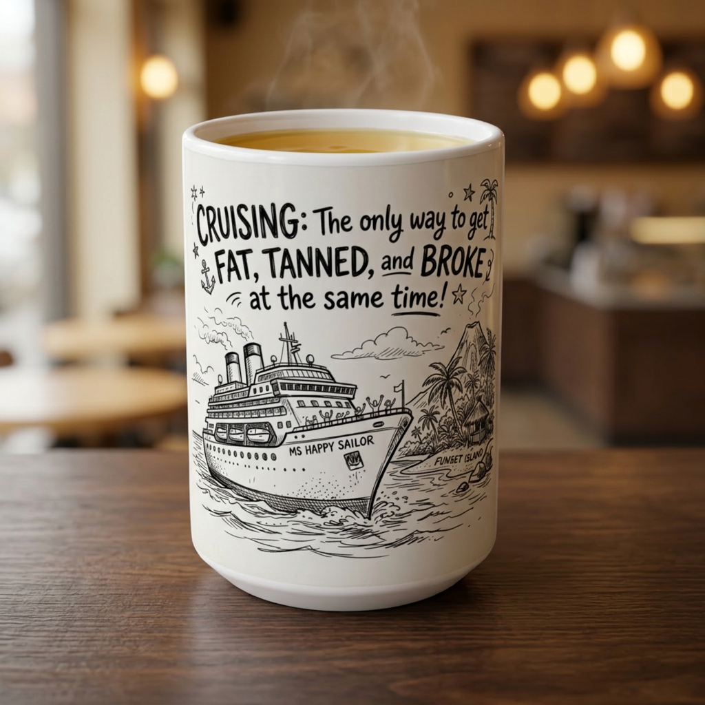Cruising: The Only Way to Get Fat, Tanned, and Broke at the Same Time Mug — Funny Cruise Vacation Coffee Cup (15oz) product thumbnail image