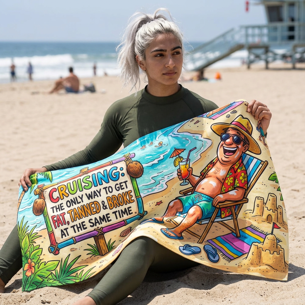 Cruising Beach Towel — Funny "Get Fat, Tanned &amp; Broke" Vacation Towel