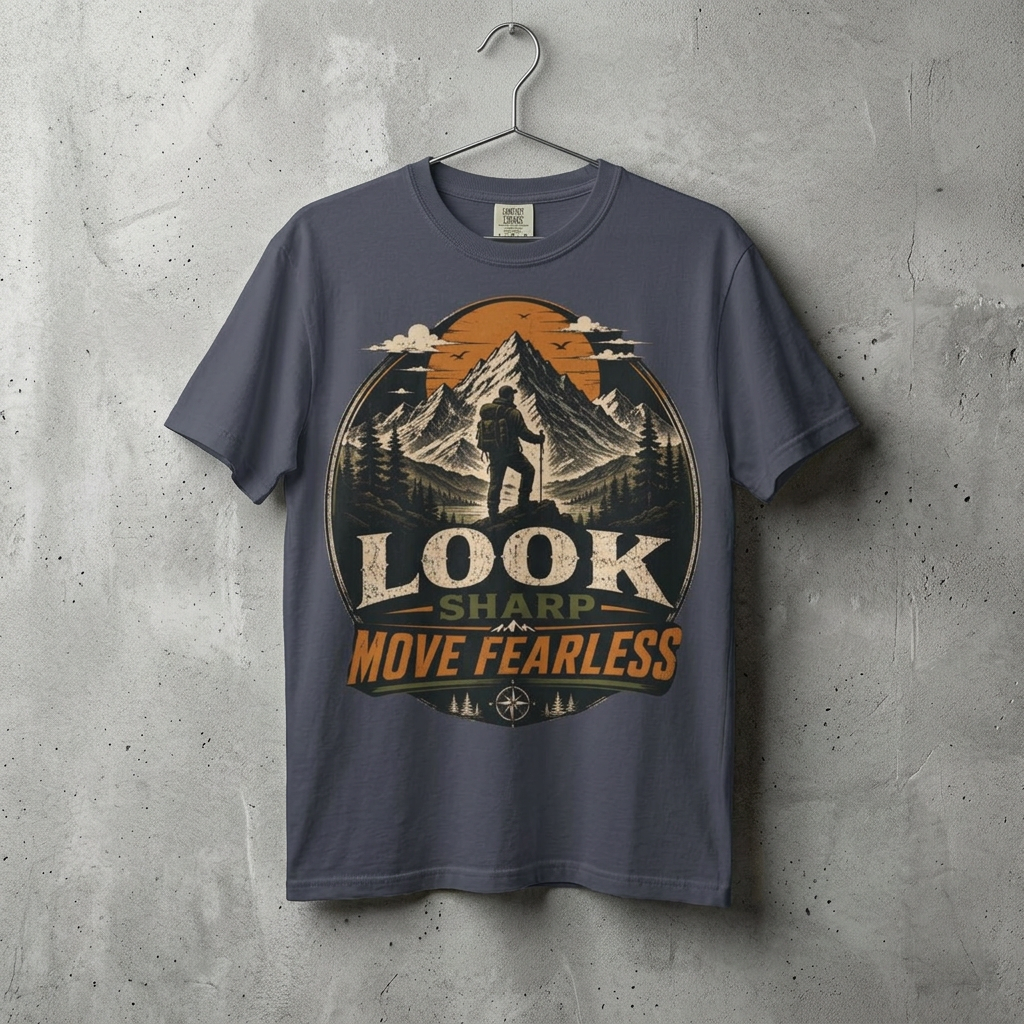 Adventure Graphic T-Shirt — "Look Sharp Move Fearless" Hiker Tee product thumbnail image Adventure Graphic T-Shirt — "Look Sharp Move Fearless" Hiker Tee product thumbnail image