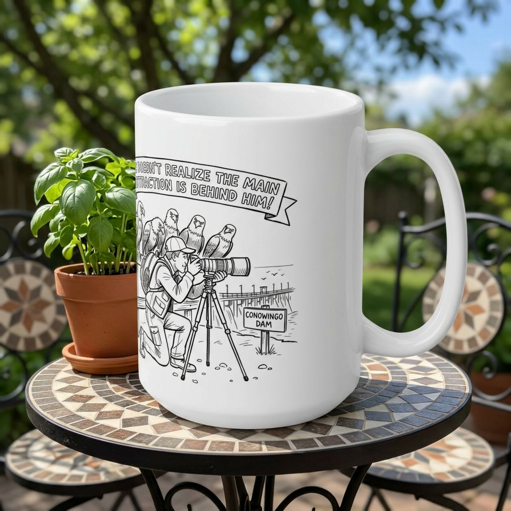 Birdwatcher Humor Ceramic Mug — 'He Described the Main Attraction Anyway' 11oz/15oz product thumbnail image