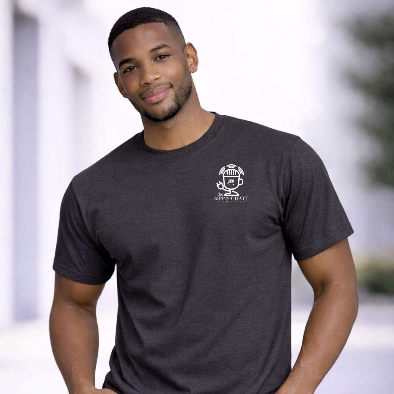 Sipp-N-Chatt Podcast Unisex Short Sleeve Tee –Left Chest-White product thumbnail image Sipp-N-Chatt Podcast Unisex Short Sleeve Tee –Left Chest-White product thumbnail image