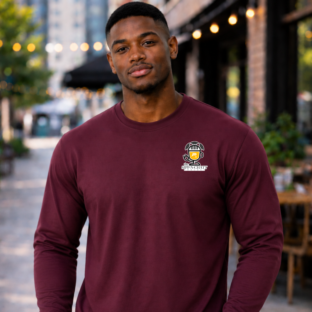 Sipp-N-Chatt Podcast Unisex Long Sleeve Tee – Left Chest-Multi Logo product thumbnail image