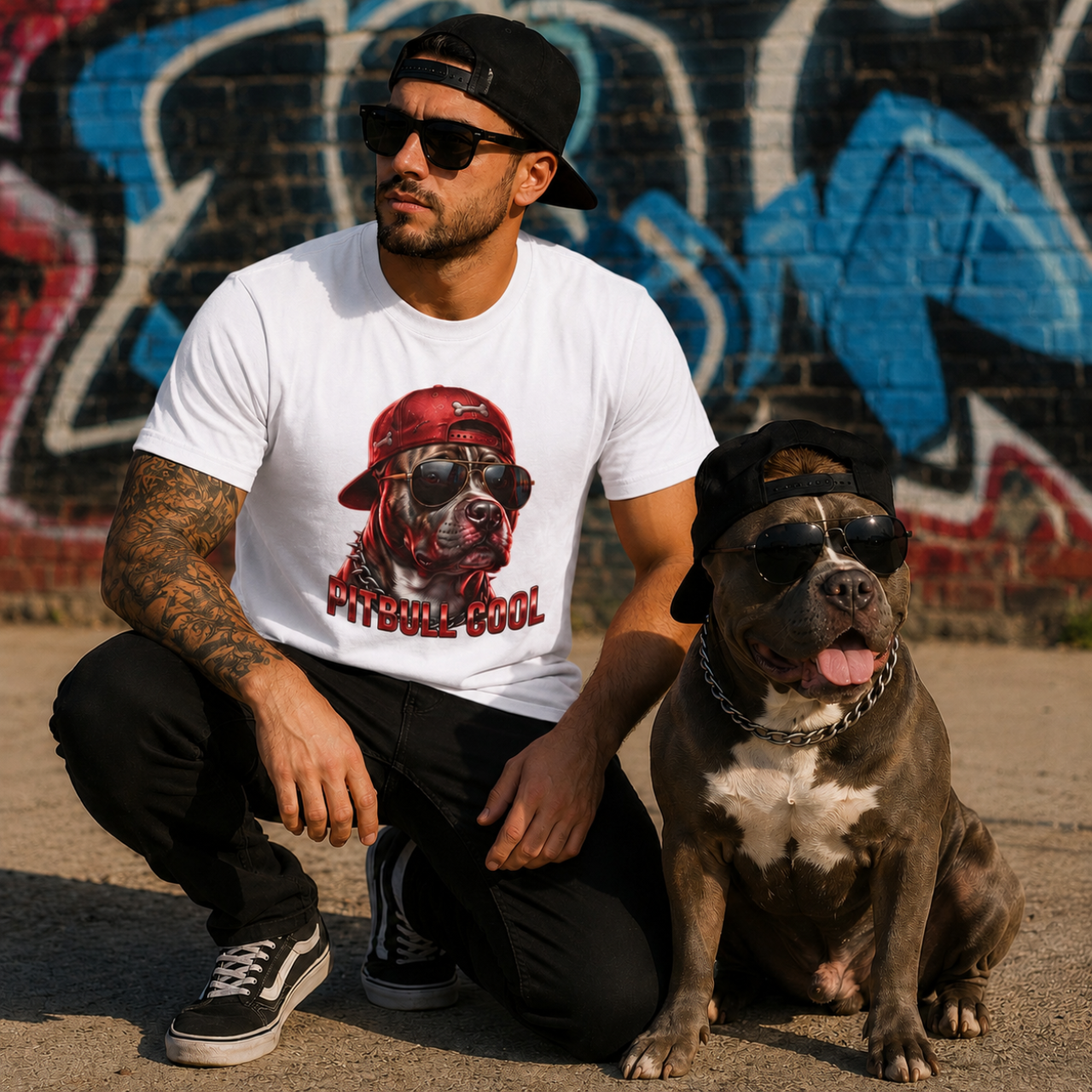 Pitbull Cool Graphic Tee — Retro Red Pitbull with Sunglasses &amp; Cap product thumbnail image