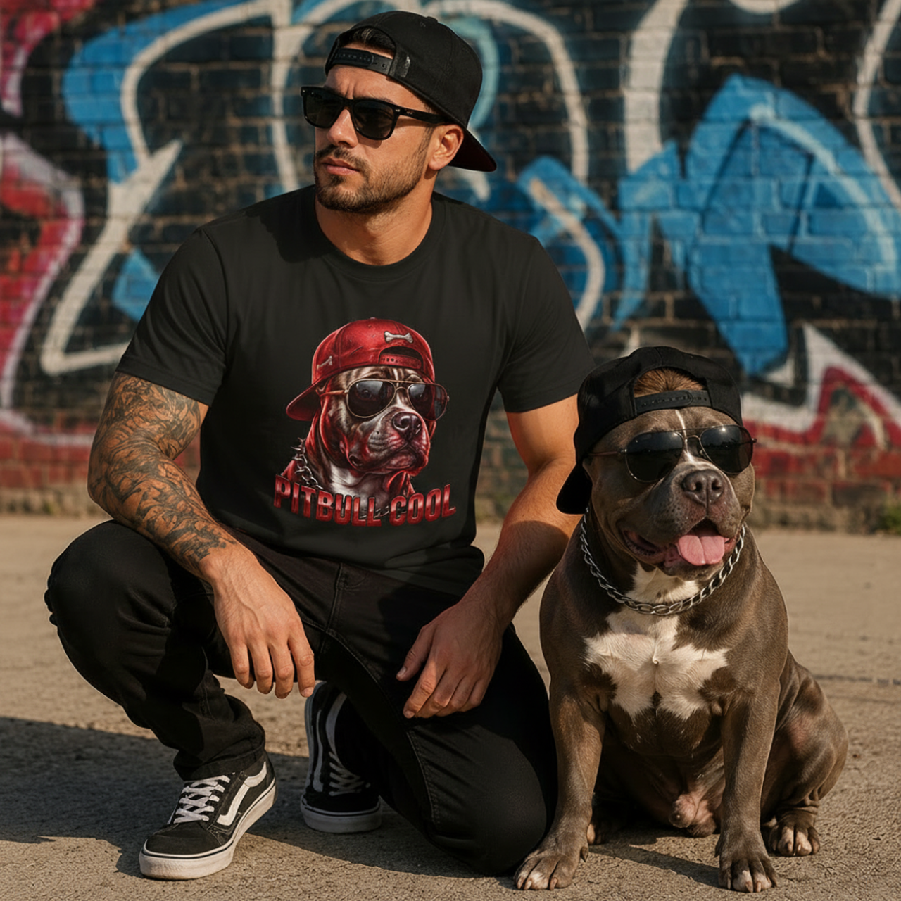 Pitbull Cool Graphic Tee — Retro Red Pitbull with Sunglasses &amp; Cap product thumbnail image