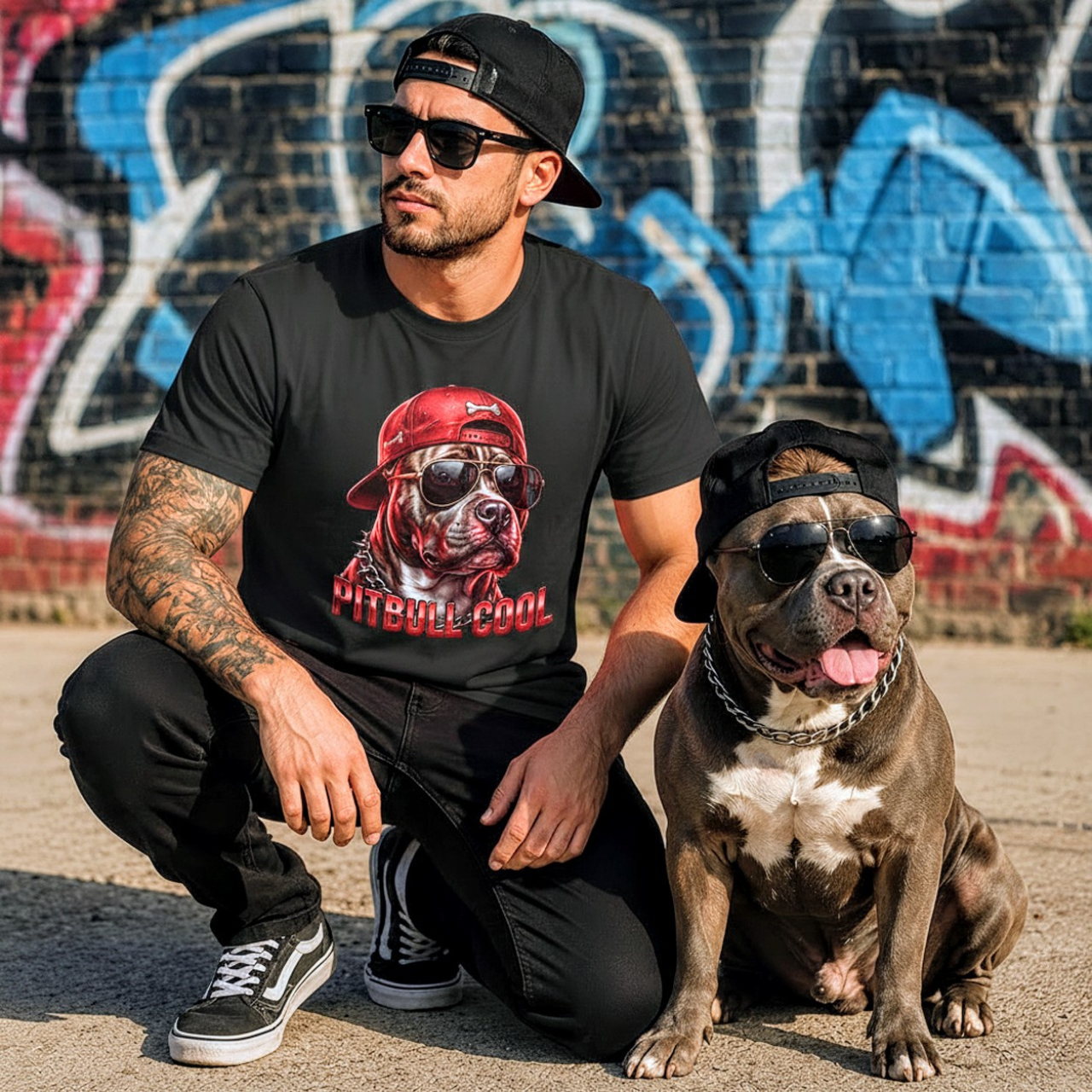 Pitbull Cool Graphic Tee — Retro Red Pitbull with Sunglasses &amp; Cap product thumbnail image