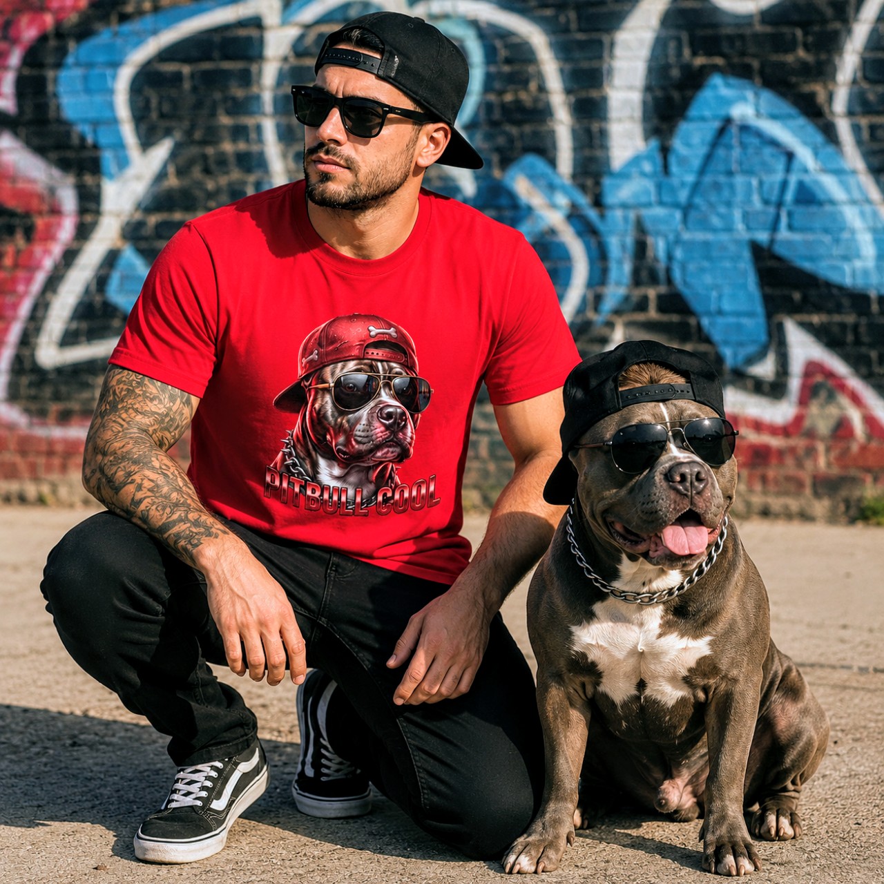 Pitbull Cool Graphic Tee — Retro Red Pitbull with Sunglasses &amp; Cap product thumbnail image