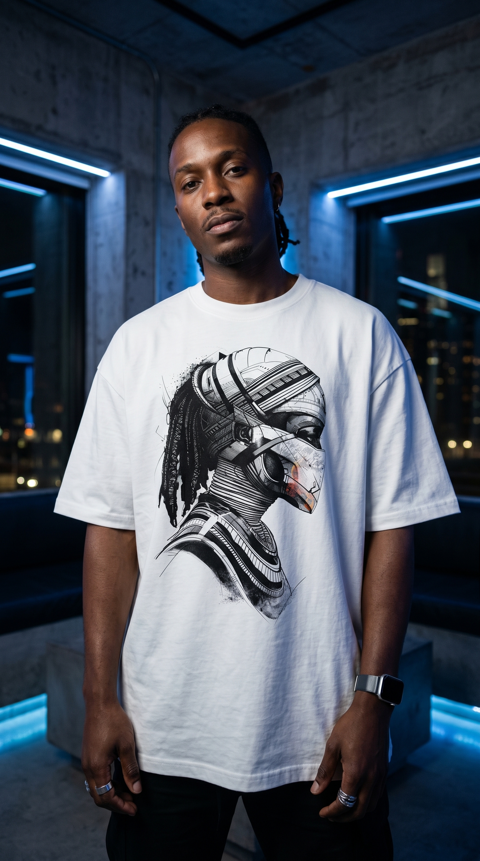 Afro-Futuristic Tech-Mask Profile Shirt | Industrial Ink Art Tee