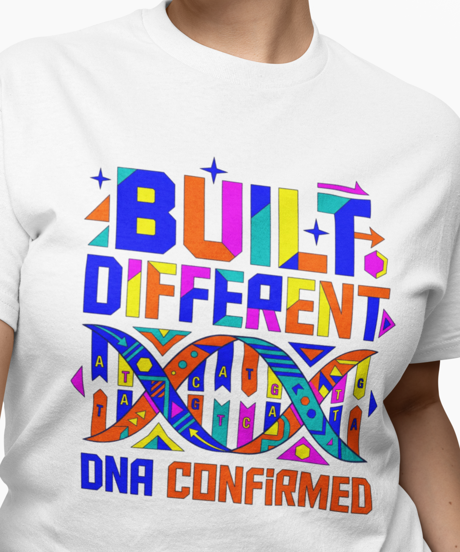 "Built Different DNA Confirmed" Gildan Softstyle Adult Unisex T-Shirt, Colorful Maximalist Ancestry Pride Science Graphic Tee product thumbnail image