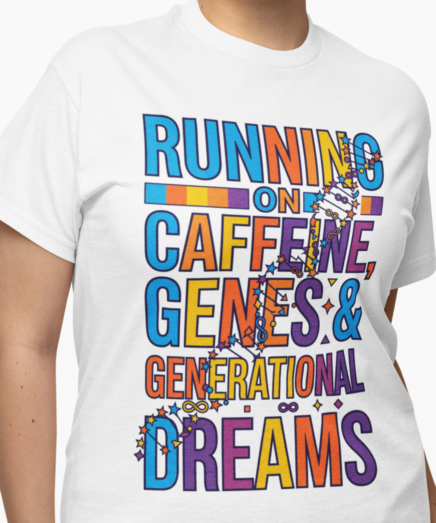  "Running on Caffeine, Genes &amp; Generational Dreams" Gildan Softstyle Adult Unisex T-Shirt, Colorful Maximalist Typography Tee, DNA Ancestry Humor