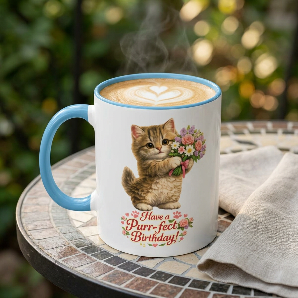 Happy Birthday Mom Gift, Kitten Coffee Mug, Floral Bouquet Accent Cup, Cat Moms, 11oz