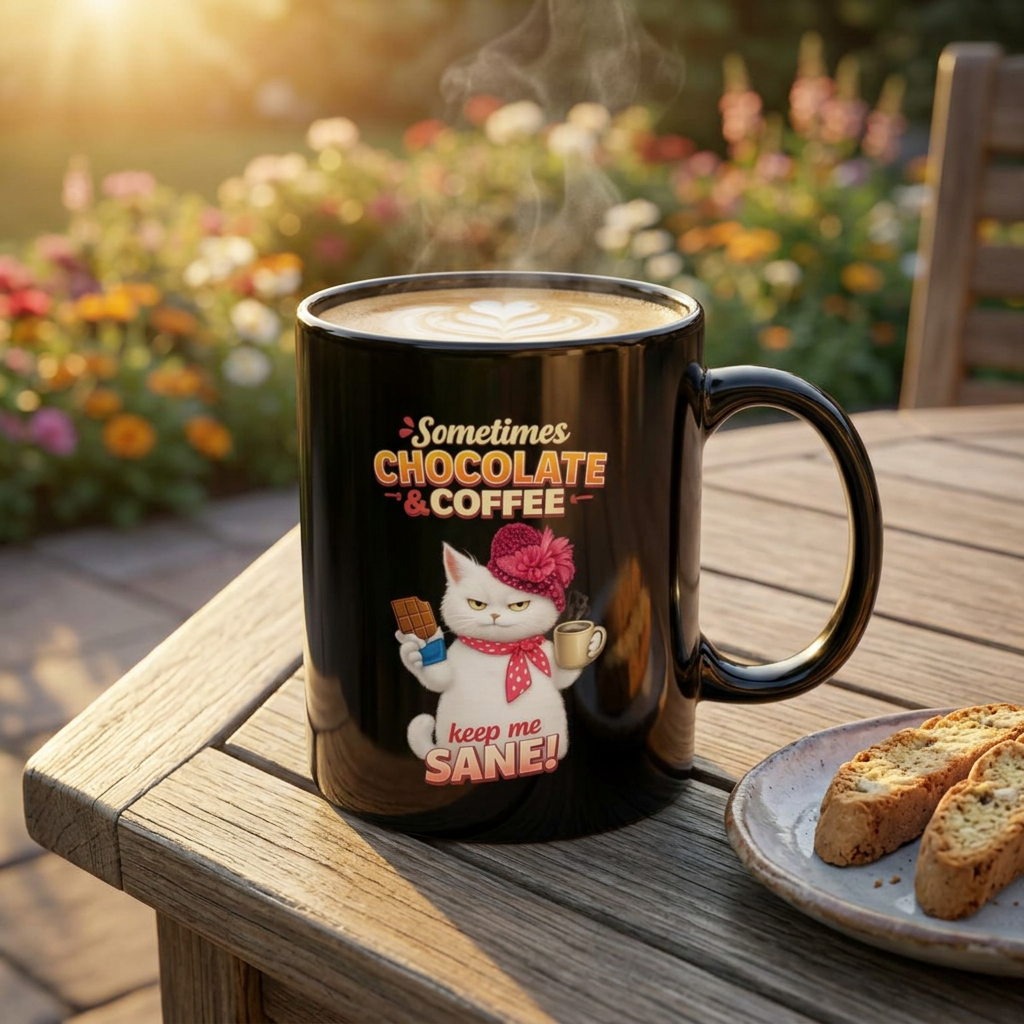 Funny Coffee Cup for Cat Lovers, Sometimes Chocolate &amp; Coffee Keep Me Sane Cat Mug, 11oz, Birthday Gift product thumbnail image