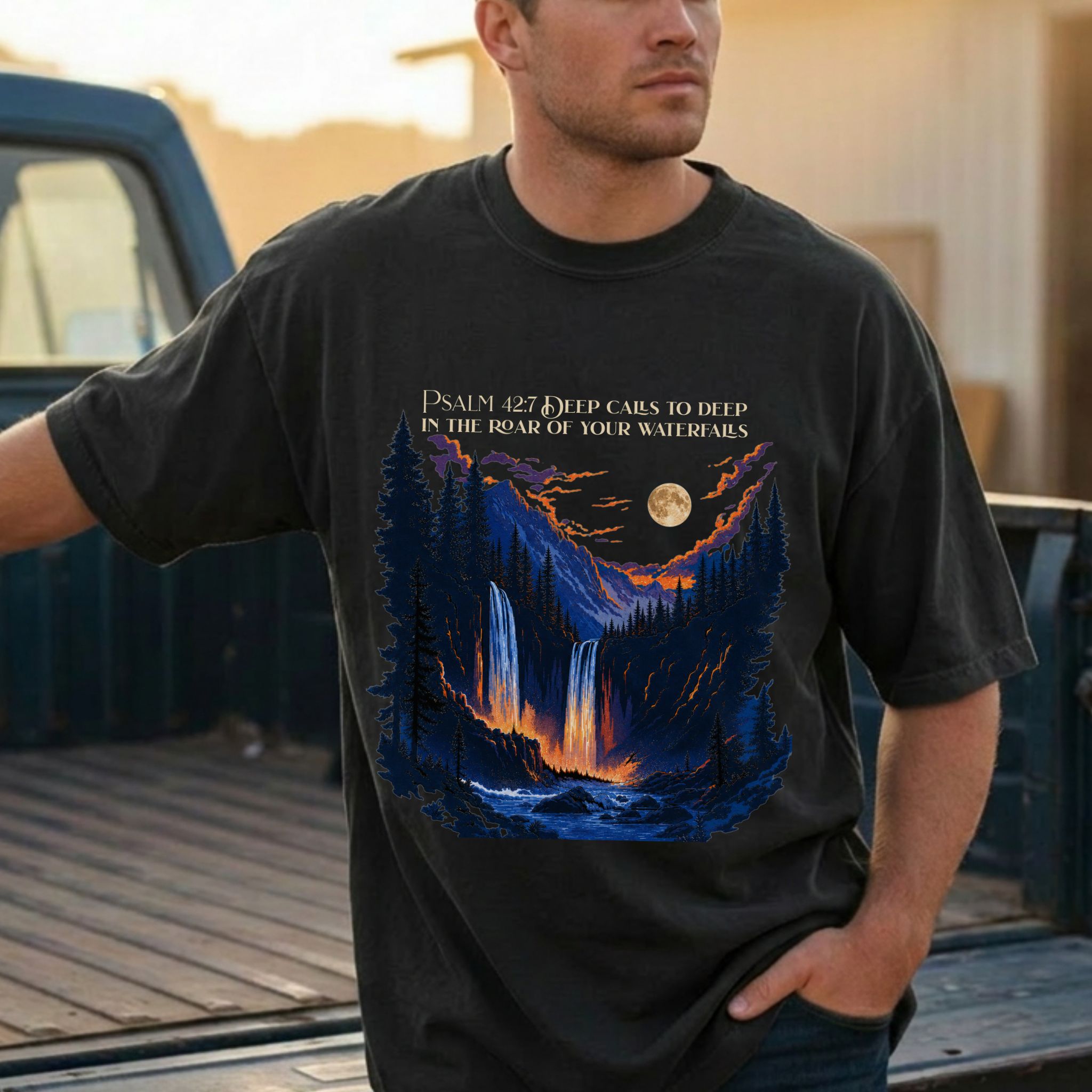 Psalm 42:7 Waterfall Graphic Tee | Christian Mountain Shirt | Comfort Colors 1717 product thumbnail image