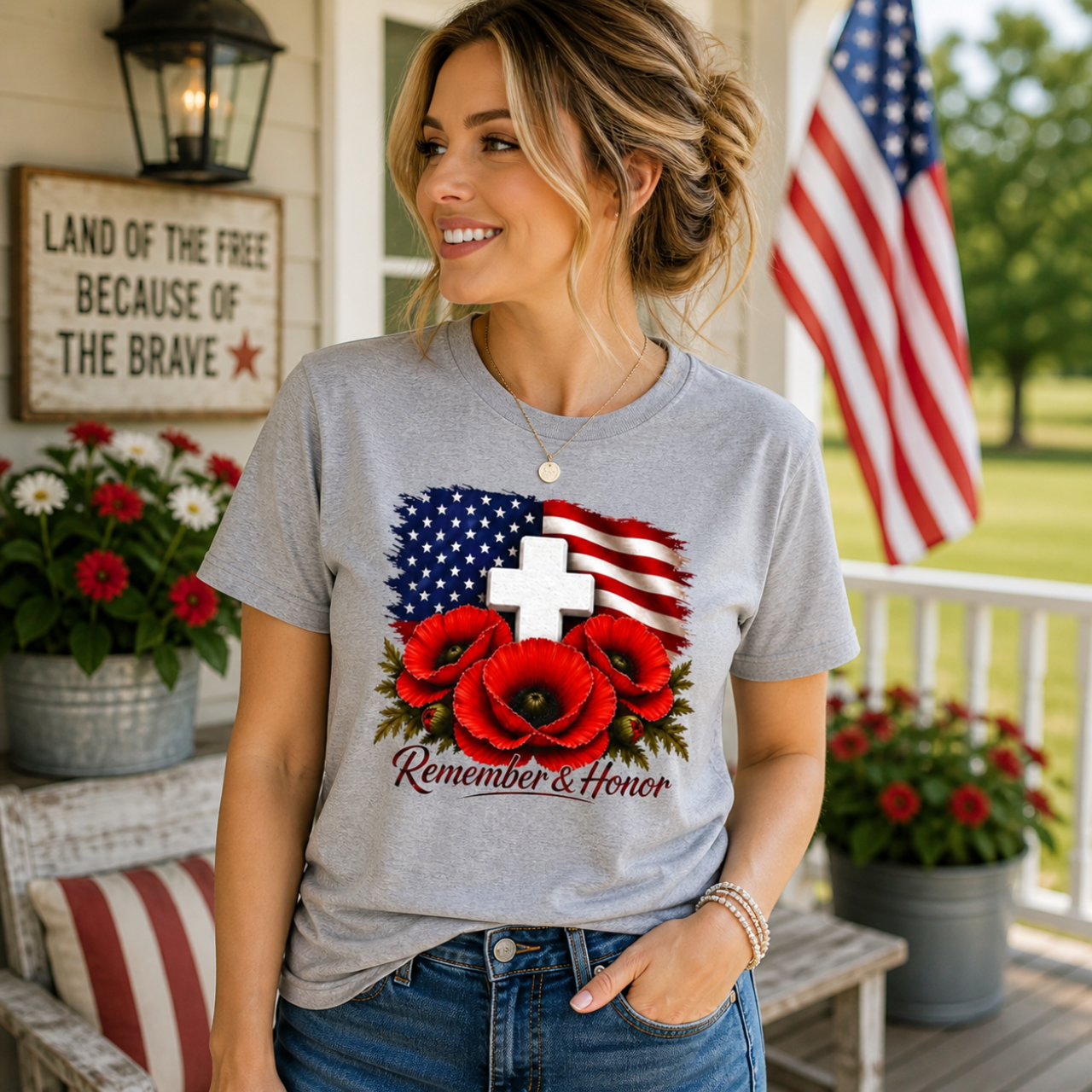 Remember &amp; Honor Shirt |  Memorial Day Shirt, Patriotic Poppy Tee |  American Flag Cross Shirt, USA Tribute Tee product thumbnail image