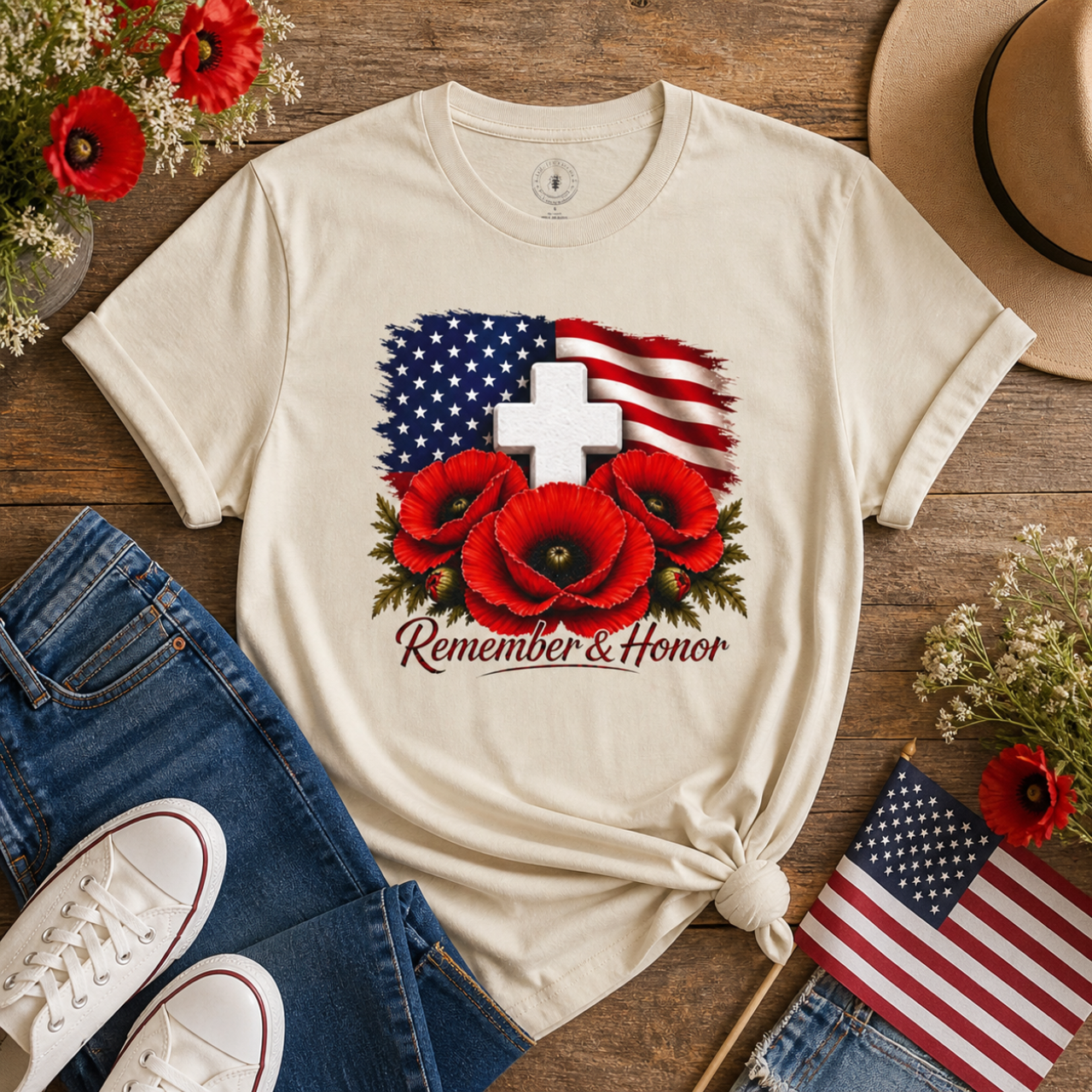 Remember & Honor Shirt | Memorial Day Shirt, Patriotic Poppy Tee | American Flag Cross Shirt, USA Tribute Tee product thumbnail image Remember & Honor Shirt | Memorial Day Shirt, Patriotic Poppy Tee | American Flag Cross Shirt, USA Tribute Tee product thumbnail image