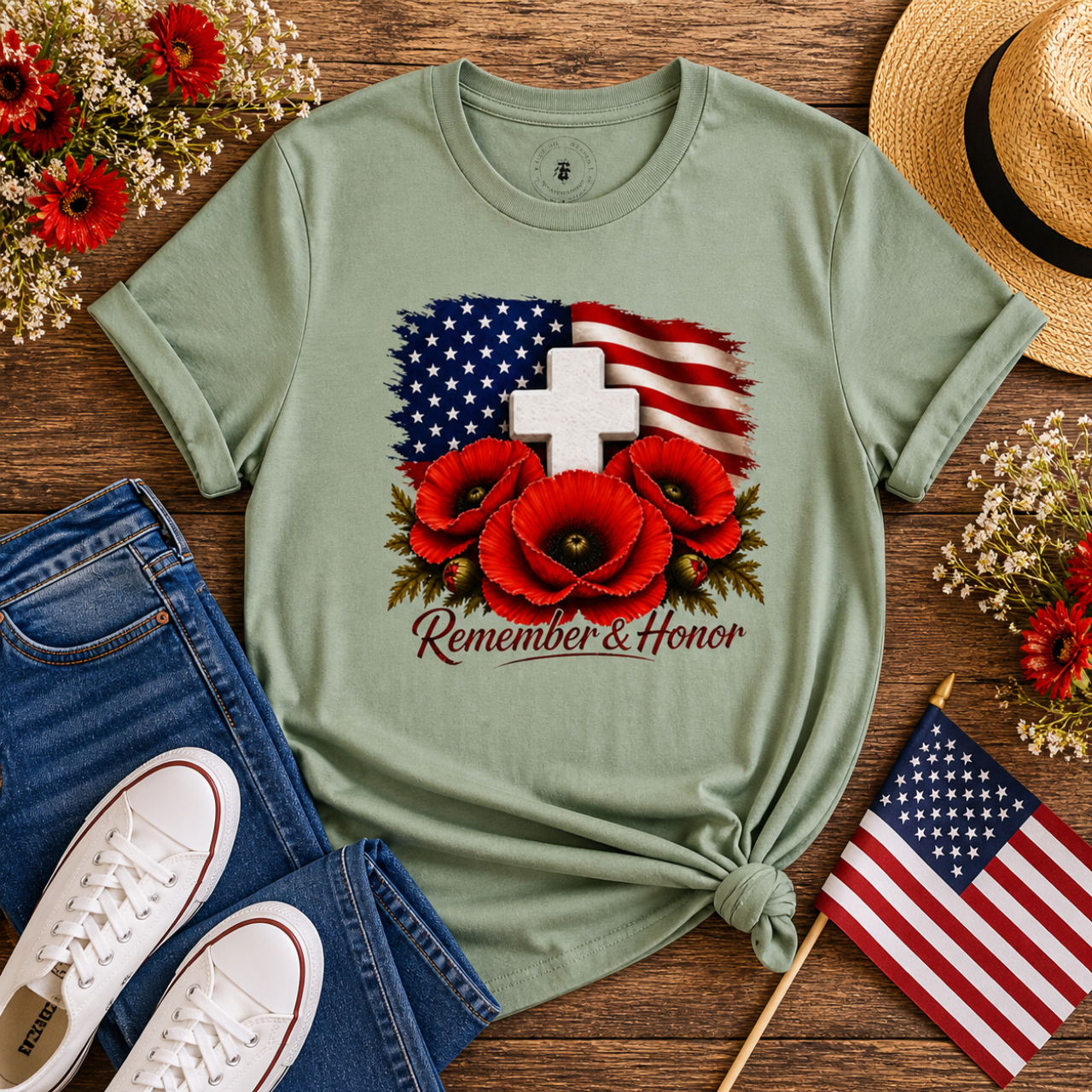 Remember & Honor Shirt | Memorial Day Shirt, Patriotic Poppy Tee | American Flag Cross Shirt, USA Tribute Tee product thumbnail image Remember & Honor Shirt | Memorial Day Shirt, Patriotic Poppy Tee | American Flag Cross Shirt, USA Tribute Tee product thumbnail image