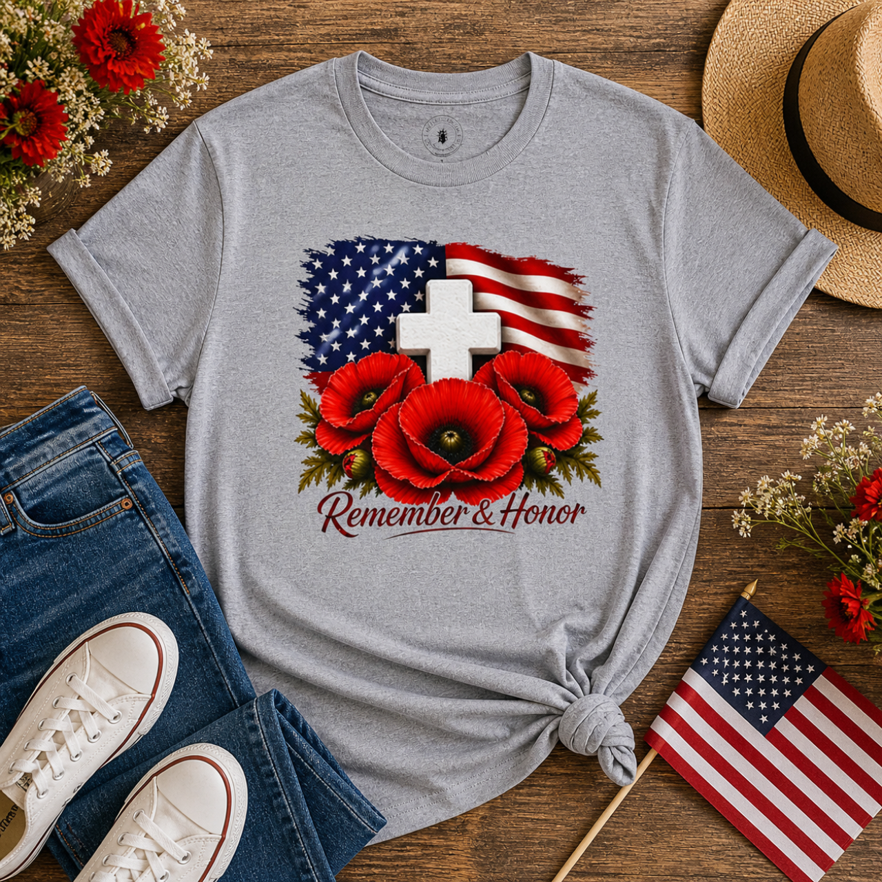 Remember & Honor Shirt | Memorial Day Shirt, Patriotic Poppy Tee | American Flag Cross Shirt, USA Tribute Tee product thumbnail image Remember & Honor Shirt | Memorial Day Shirt, Patriotic Poppy Tee | American Flag Cross Shirt, USA Tribute Tee product thumbnail image