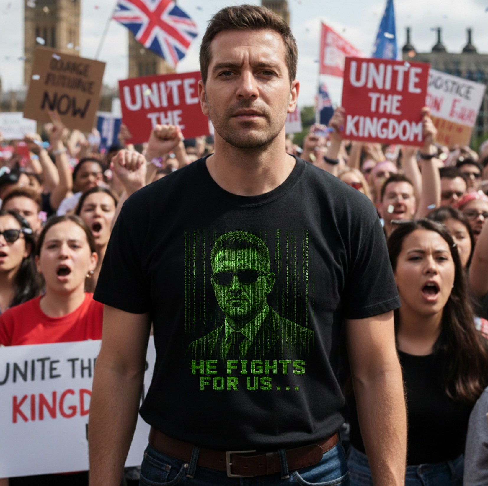 Unite The Kingdom Rally T-Shirt, Tommy Robinson Matrix Code Tee, He Fights For Us Shirt, Gildan 64000 Soft product thumbnail image Unite The Kingdom Rally T-Shirt, Tommy Robinson Matrix Code Tee, He Fights For Us Shirt, Gildan 64000 Soft product thumbnail image