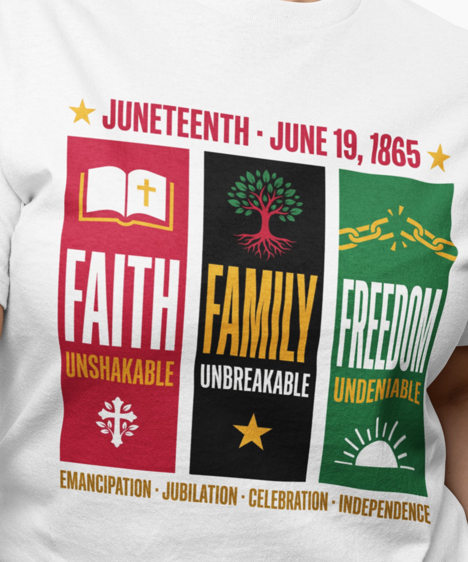 Juneteenth Faith Family Freedom Gildan Softstyle Adult Unisex T-Shirt, Emancipation Jubilation Celebration Independence Tee, Unshakable Unbreakable Undeniable product thumbnail image