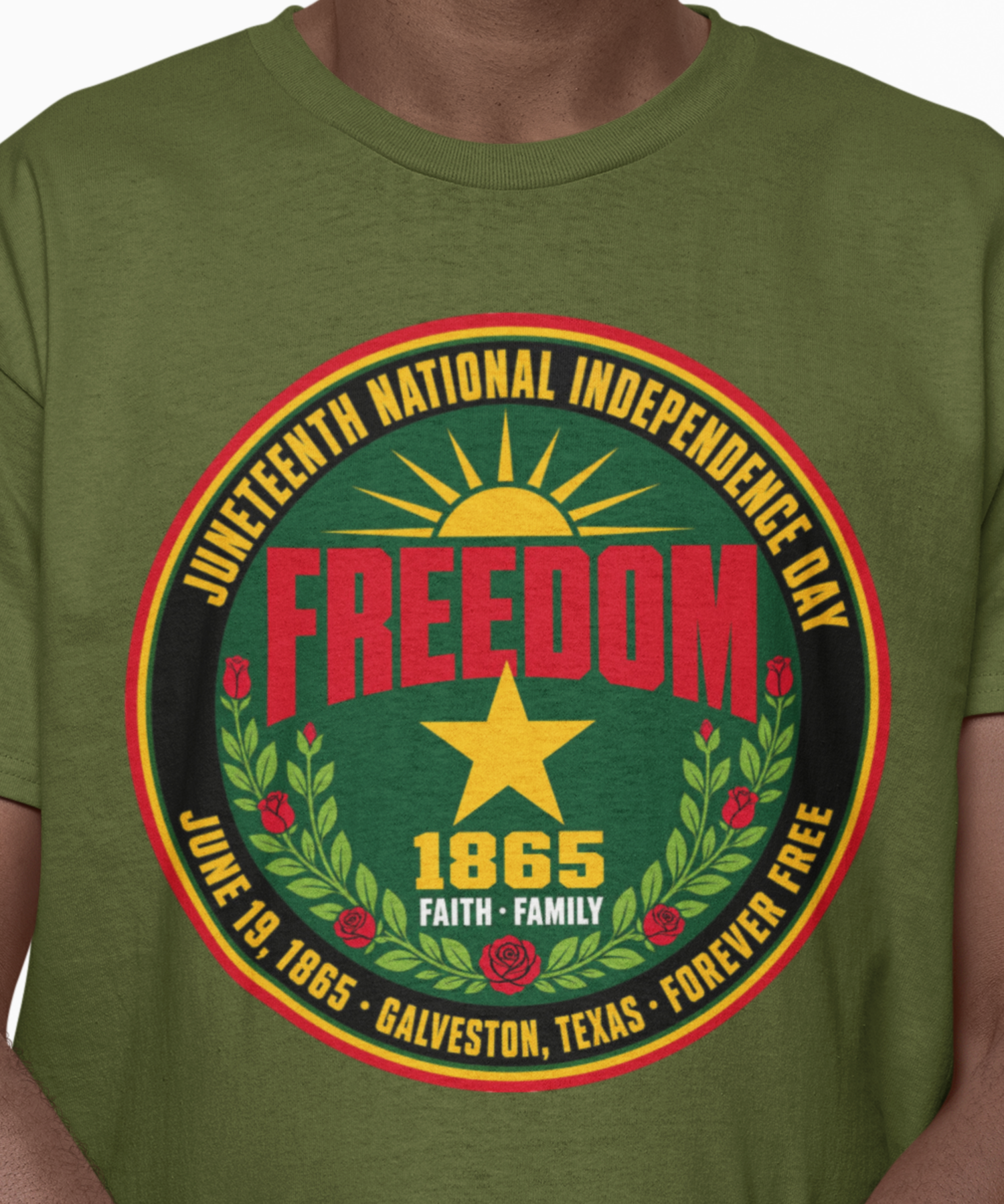 Juneteenth Freedom Gildan Softstyle Adult Unisex T-Shirt, 1865 Commemorative Independence Badge Style, Faith &amp; Family Design Tee