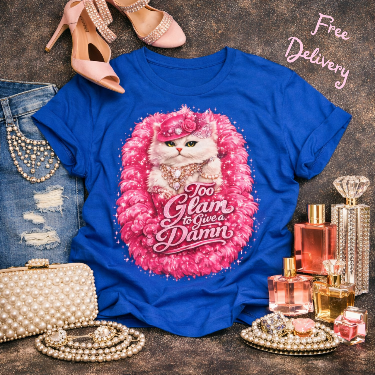 Too Glam to Give a Damn Kitten Tee, Cute Cat Graphic Shirt, Vintage Illustration T-Shirt, Women's Funny Casual Fashion product thumbnail image