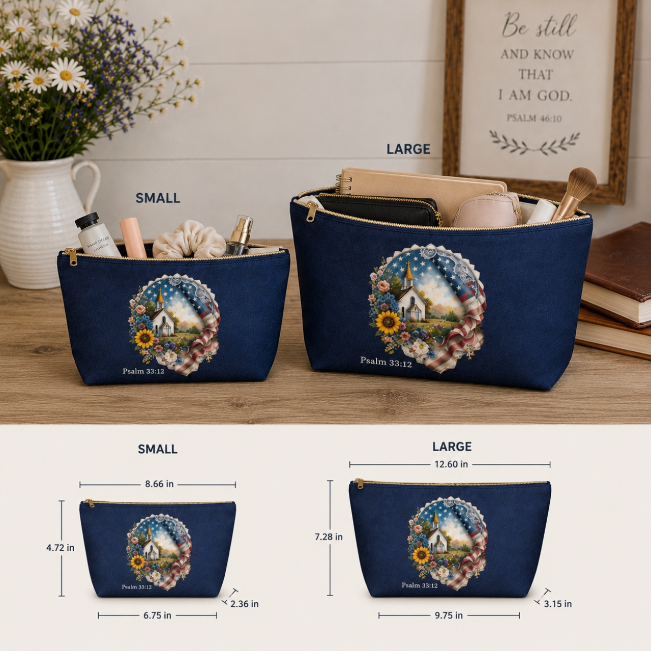 Patriotic Christian Pouch, Psalm 33:12 Makeup Bag, Americana Church Gift product thumbnail image