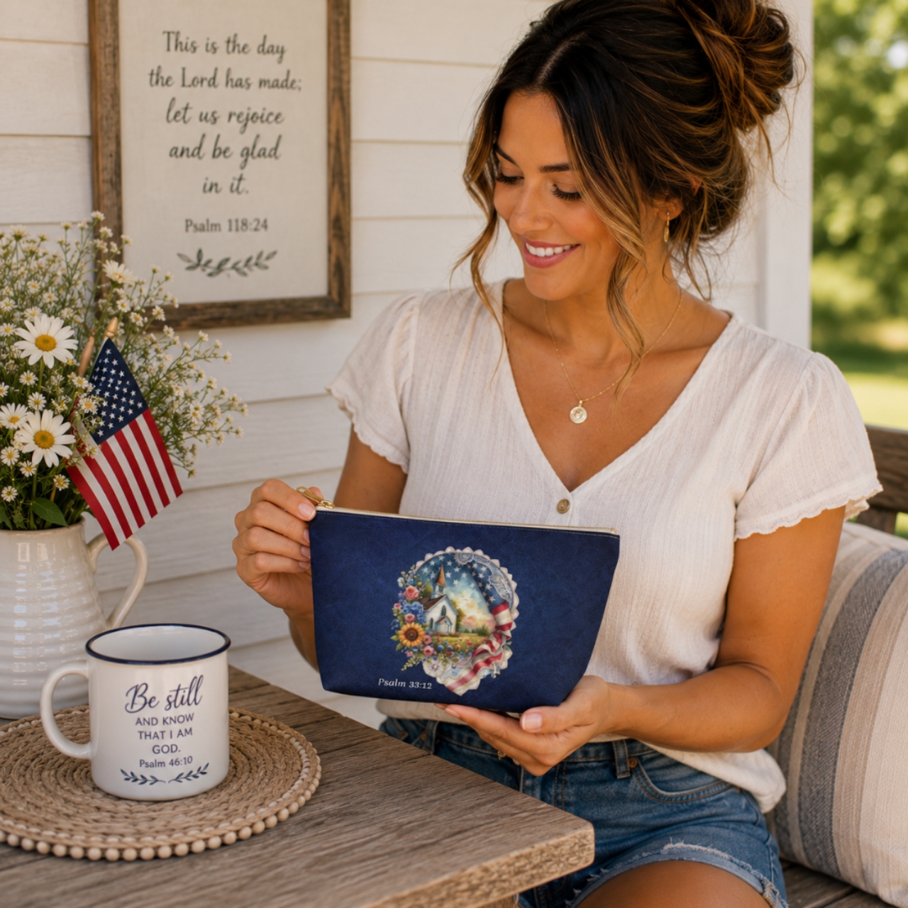 Patriotic Christian Pouch, Psalm 33:12 Makeup Bag, Americana Church Gift product thumbnail image Patriotic Christian Pouch, Psalm 33:12 Makeup Bag, Americana Church Gift product thumbnail image