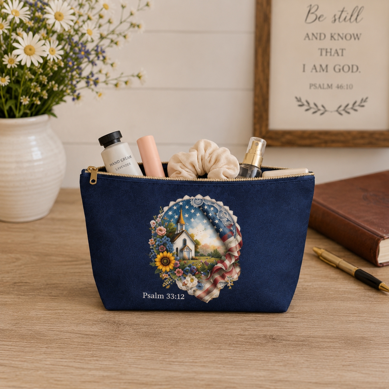 Patriotic Christian Pouch, Psalm 33:12 Makeup Bag, Americana Church Gift product thumbnail image