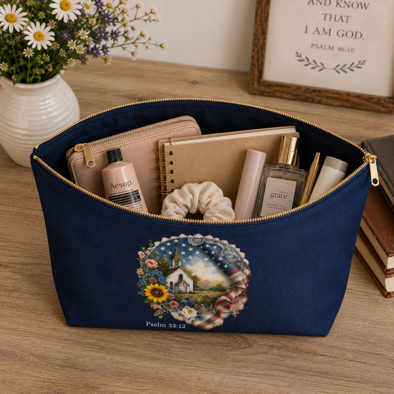 Patriotic Christian Pouch, Psalm 33:12 Makeup Bag, Americana Church Gift product thumbnail image Patriotic Christian Pouch, Psalm 33:12 Makeup Bag, Americana Church Gift product thumbnail image