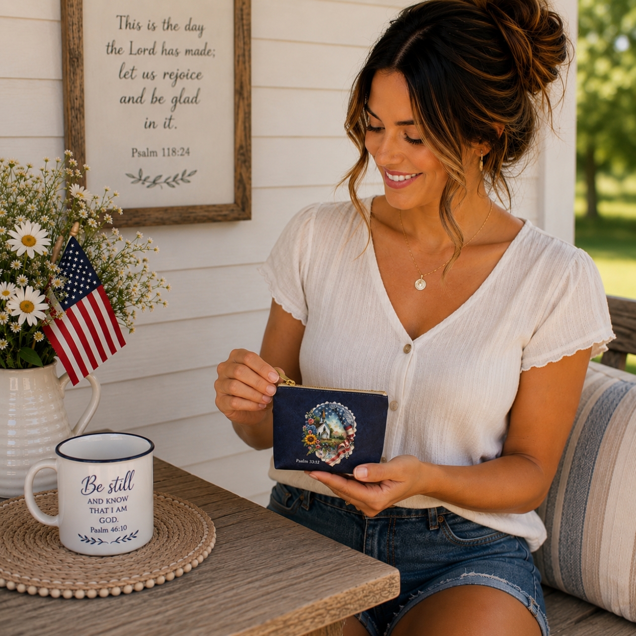 Patriotic Christian Pouch, Psalm 33:12 Makeup Bag, Americana Church Gift product thumbnail image Patriotic Christian Pouch, Psalm 33:12 Makeup Bag, Americana Church Gift product thumbnail image