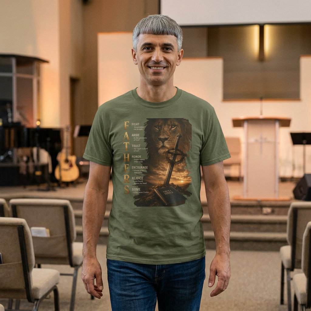 Father - Christian Tee with Lion, Cross &amp; Malachi 4:6 Verse