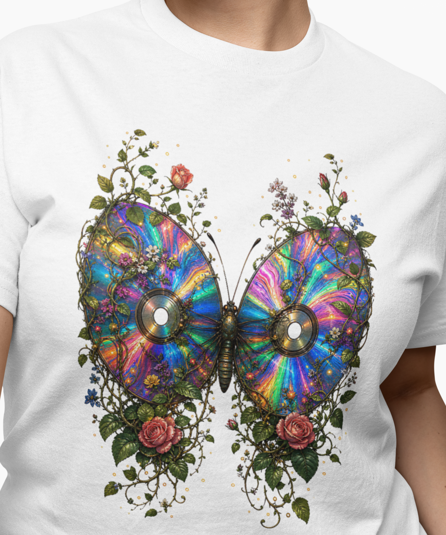 CD Butterfly Floral Heart Graphic Gildan Softstyle Unisex Adult T-Shirt, Retro Roses Music Lovers Vintage Tee product thumbnail image