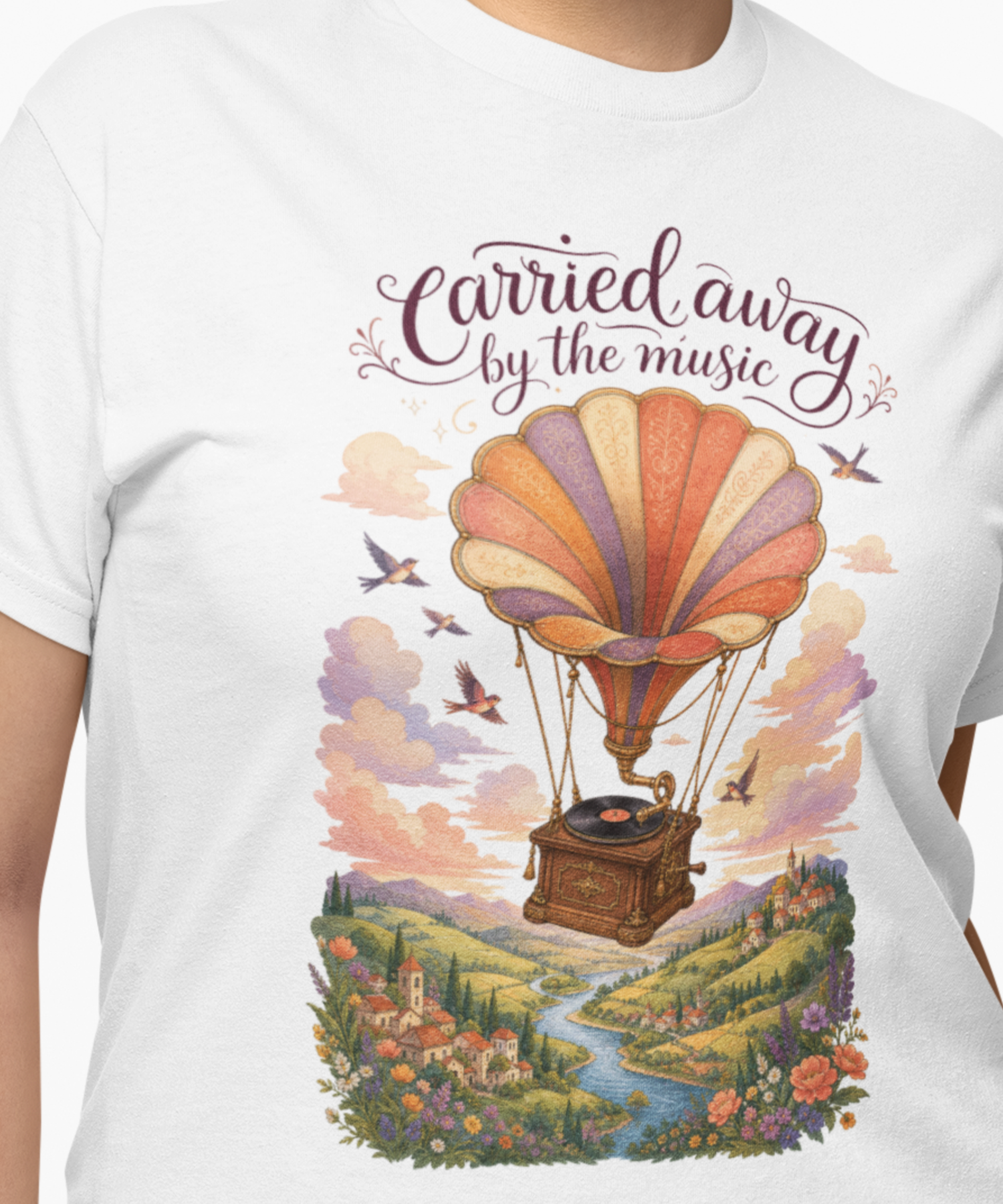 Carried Away by the Music, Gildan Softstyle Adult Unisex T-Shirt, Hot Air Balloon Music Lovers Design product thumbnail image