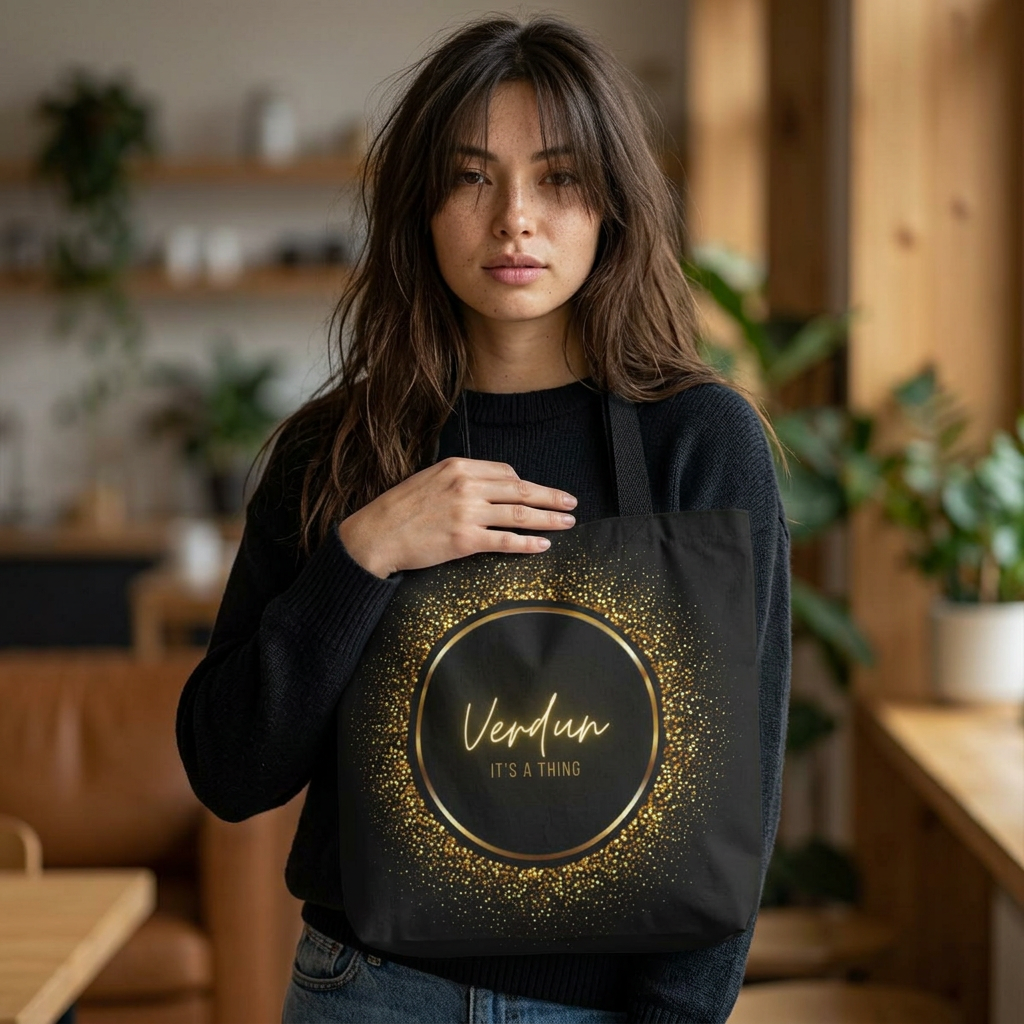 Verdun Glitter Circle Tote Bag — "Verdun It's a Thing" Luxury Black Shopper product thumbnail image Verdun Glitter Circle Tote Bag — "Verdun It's a Thing" Luxury Black Shopper product thumbnail image