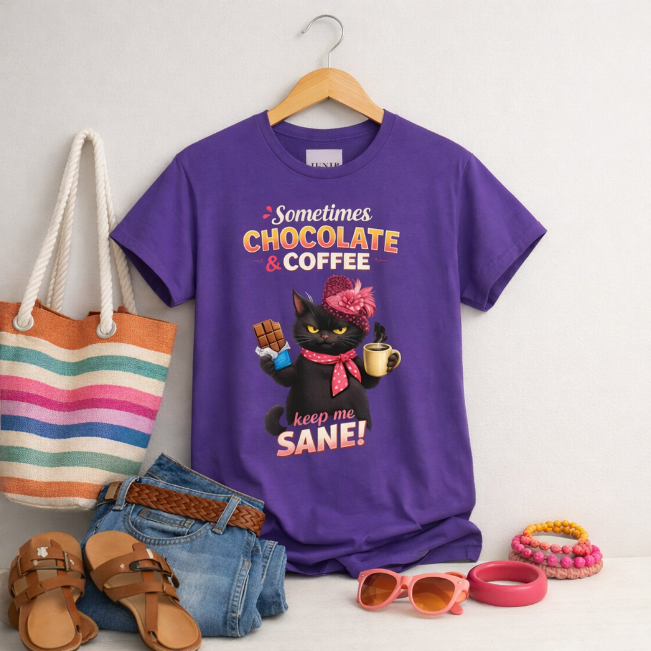 Chocolate &amp; Coffee Cat Tee — “Sometimes Chocolate &amp; Coffee Keep Me Sane!” Graphic T-Shirt product thumbnail image
