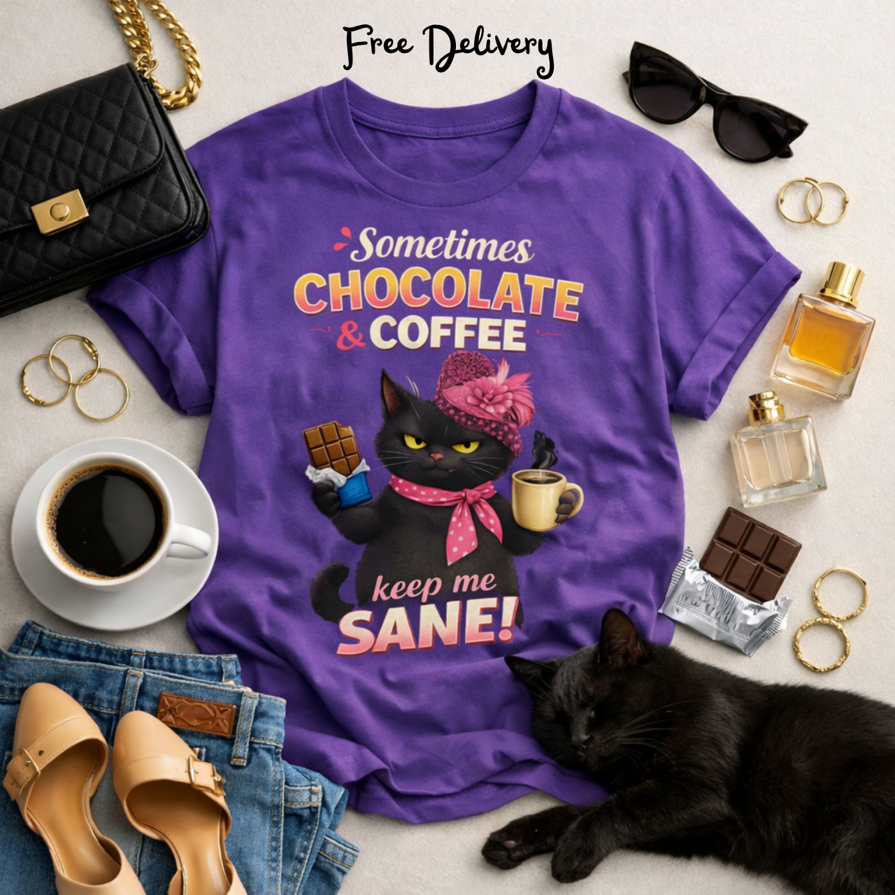 Chocolate &amp; Coffee Cat Tee — “Sometimes Chocolate &amp; Coffee Keep Me Sane!” Graphic T-Shirt product thumbnail image