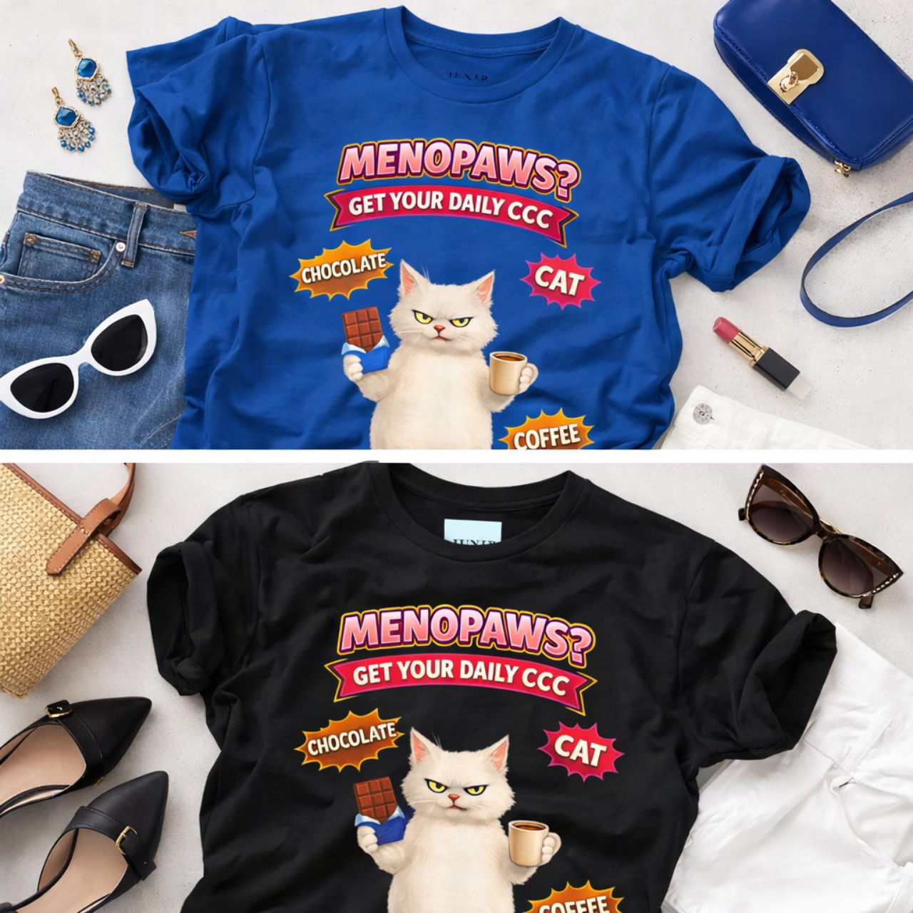 Menopaws? Cat Graphic Tee — "Get Your Daily CCC" Coffee, Chocolate &amp; Cat Shirt product thumbnail image