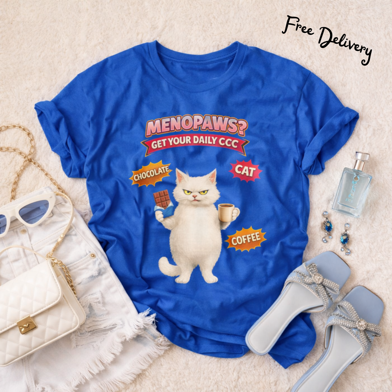 Menopaws? Cat Graphic Tee — "Get Your Daily CCC" Coffee, Chocolate &amp; Cat Shirt product thumbnail image