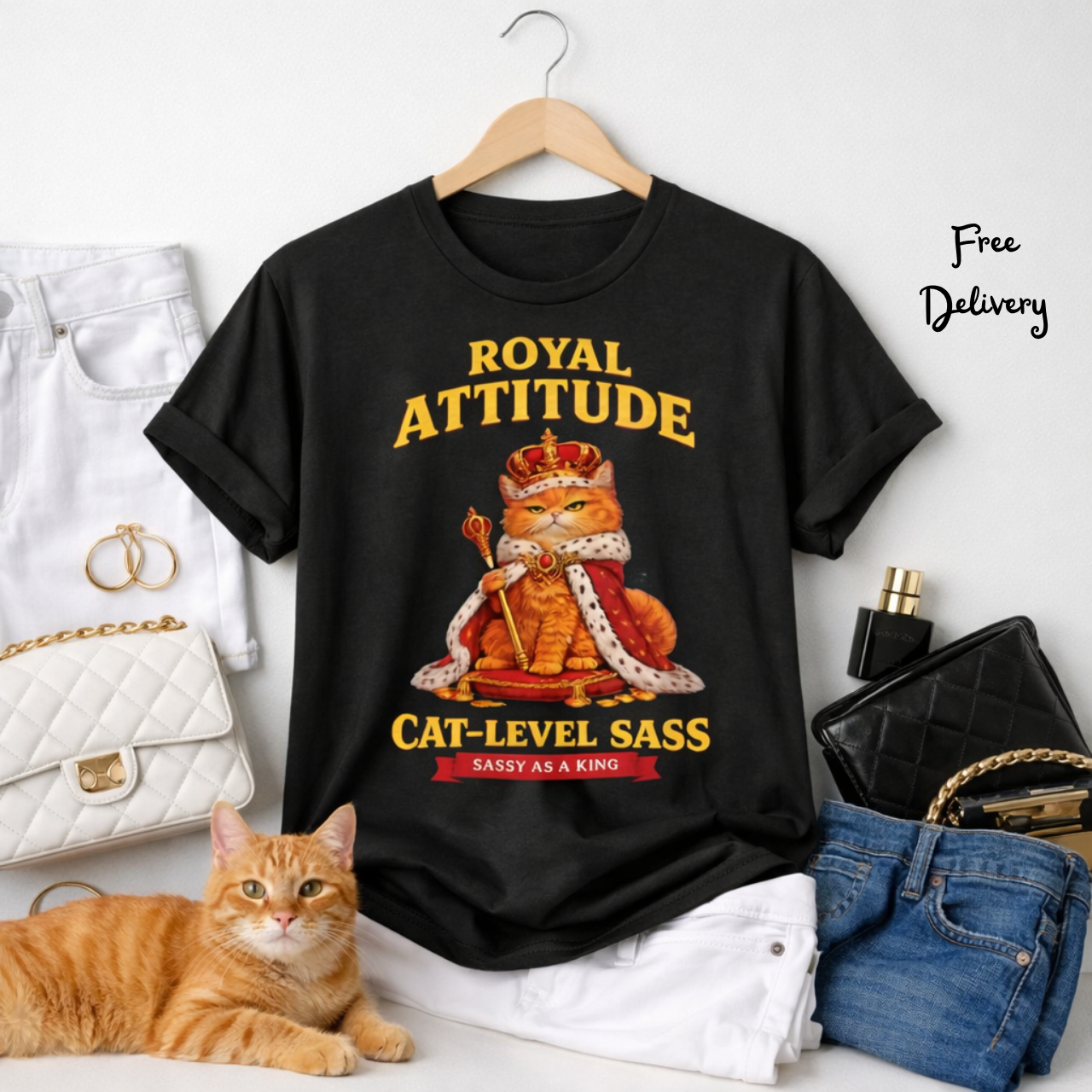 Royal Attitude Cat Tee — "Cat-Level Sass" Graphic T-Shirt product thumbnail image