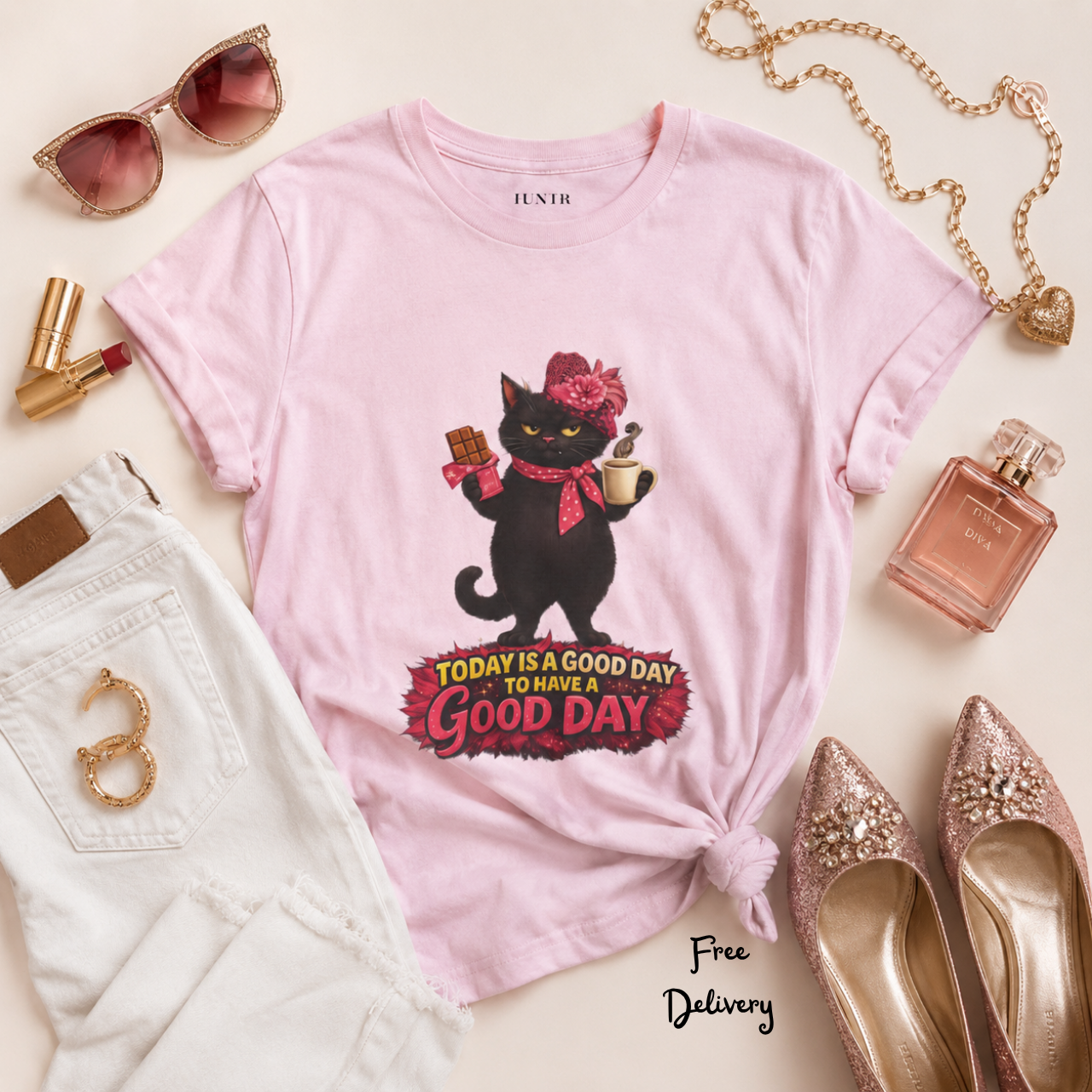 Good Day Black Cat T-Shirt — "Today Is a Good Day" Cute Floral Cat Tee