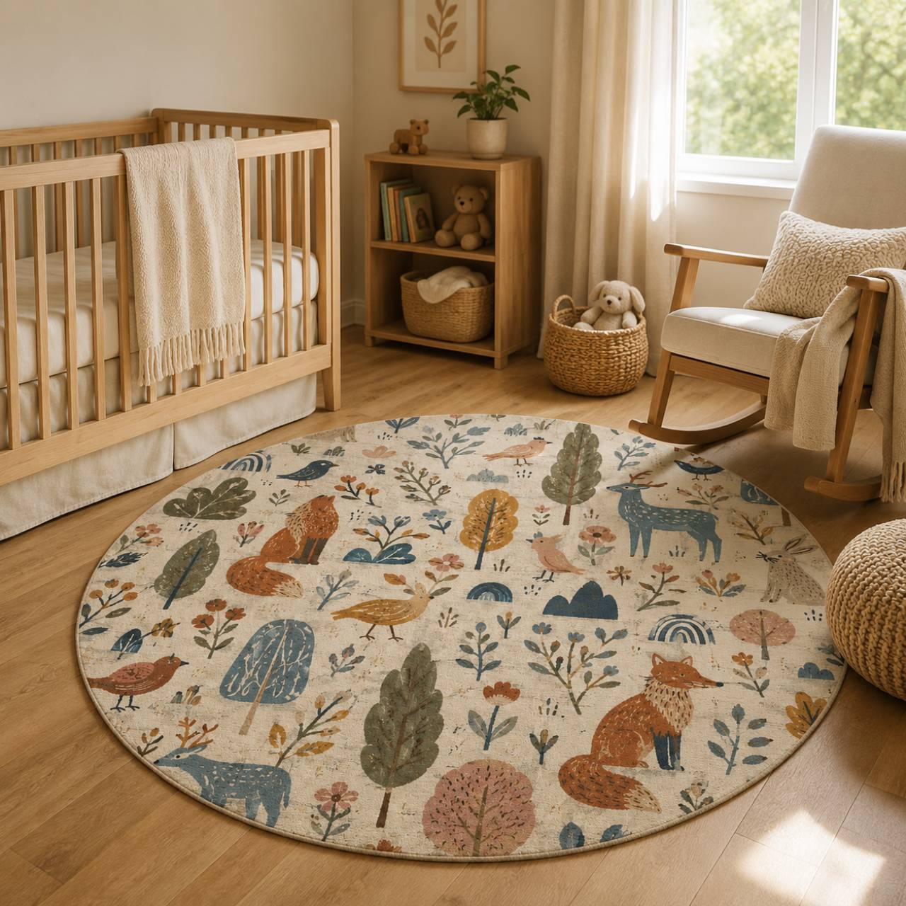 Woodland Creatures Round Rug — Cozy Fox & Deer Nursery Floor Mat product thumbnail image Woodland Creatures Round Rug — Cozy Fox & Deer Nursery Floor Mat product thumbnail image
