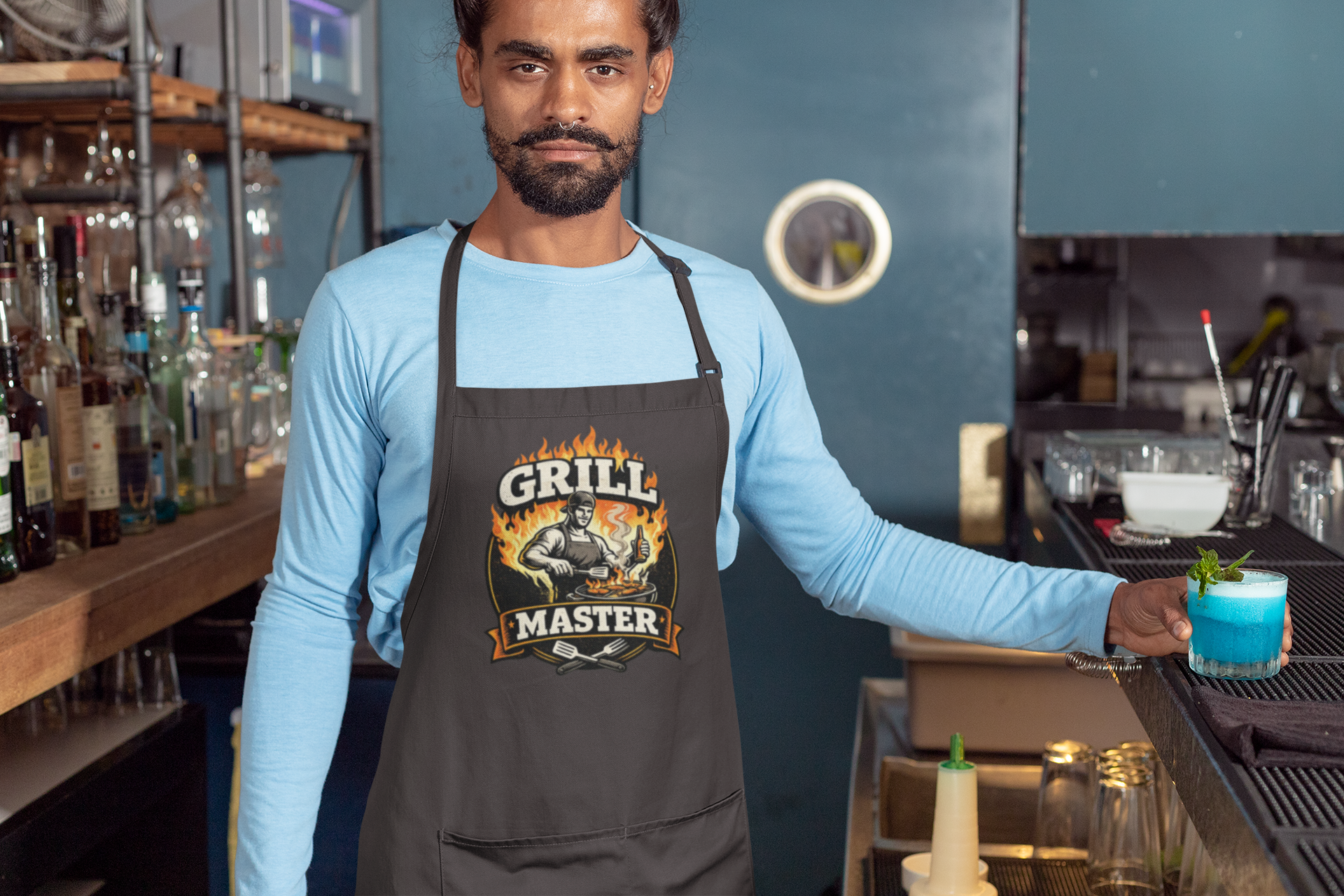 Grill Master Cotton Apron – BBQ Chef Apron with Flaming Skull Design product thumbnail image