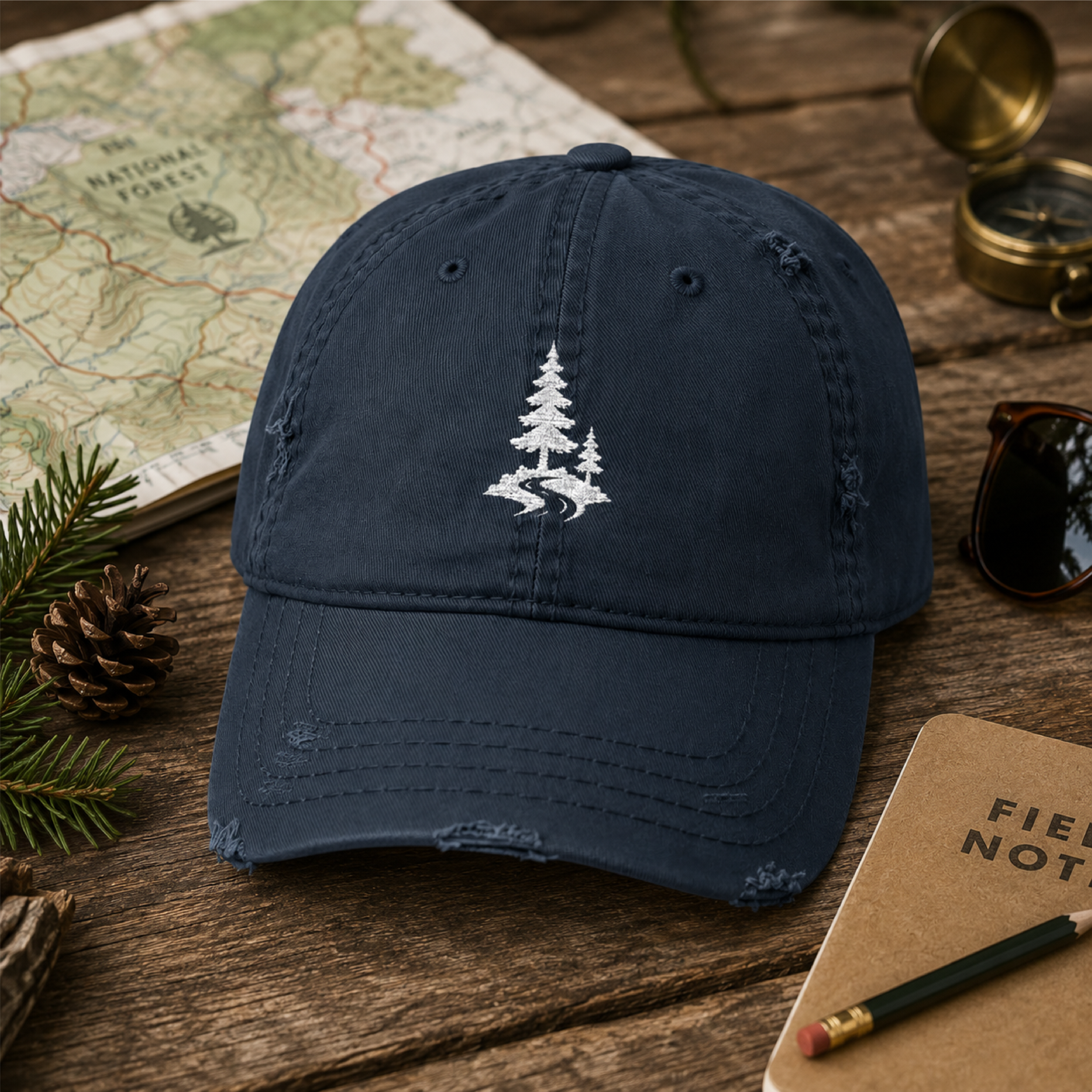 Distressed Embroidered Dad Hat — 'Follow the Trail' Hiking Cap with Pine Tree Design