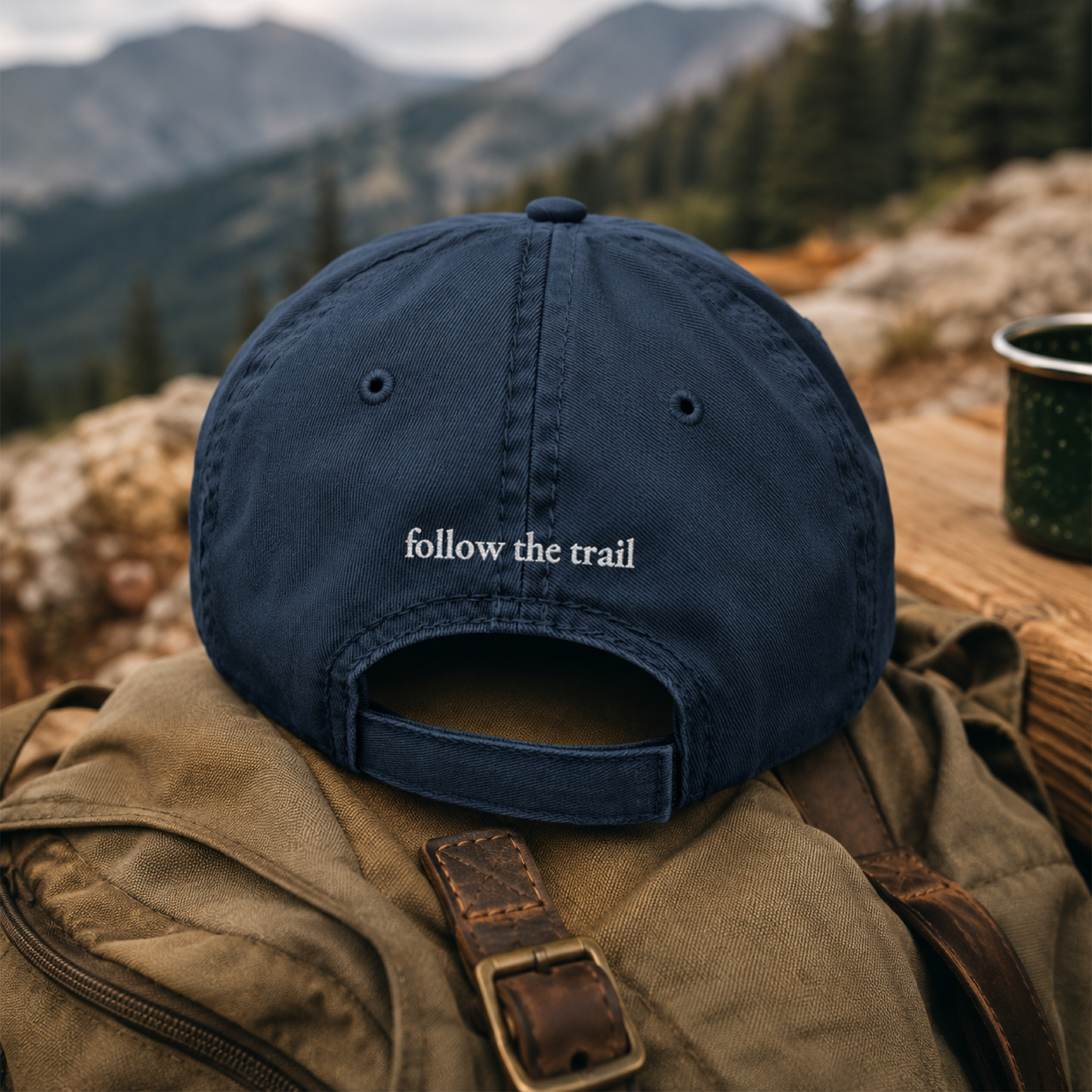 Distressed Embroidered Dad Hat — 'Follow the Trail' Hiking Cap with Pine Tree Design product thumbnail image