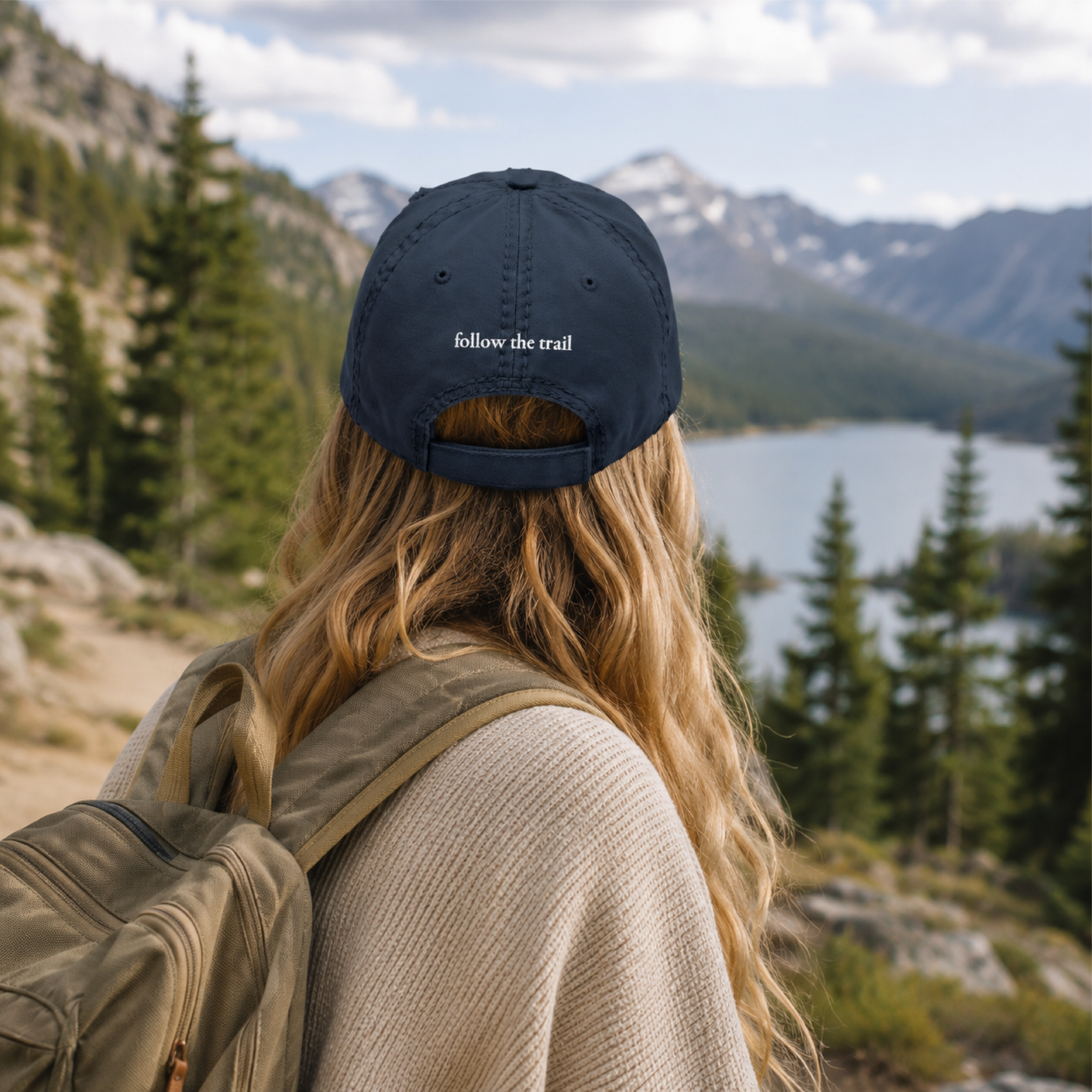 Distressed Embroidered Dad Hat — 'Follow the Trail' Hiking Cap with Pine Tree Design product thumbnail image Distressed Embroidered Dad Hat — 'Follow the Trail' Hiking Cap with Pine Tree Design product thumbnail image