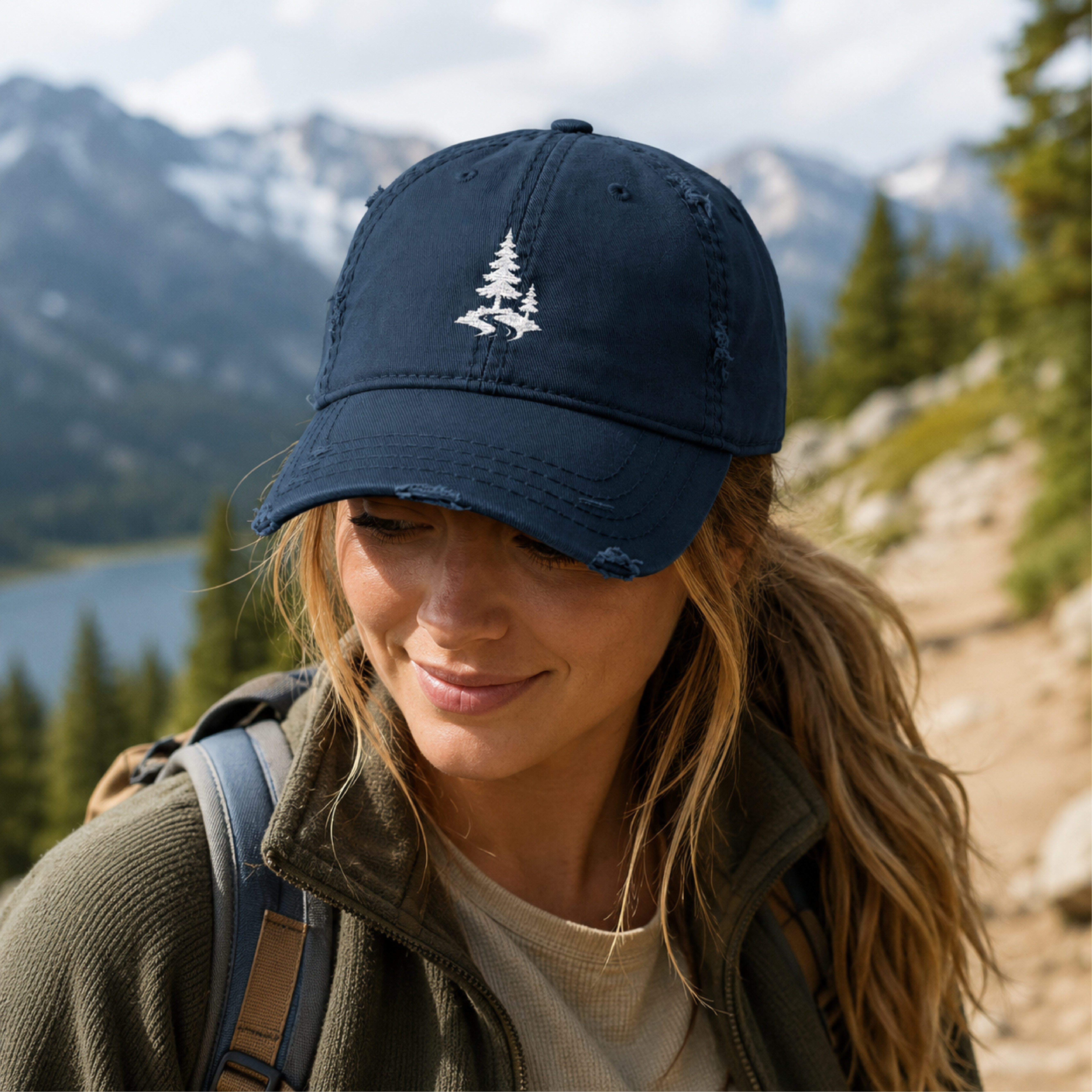 Distressed Embroidered Dad Hat — 'Follow the Trail' Hiking Cap with Pine Tree Design product thumbnail image