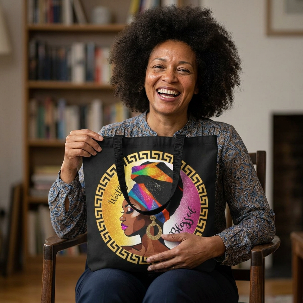 Black Headwrap Queen Tote Bag — Empowered Woman Graphic Tote
