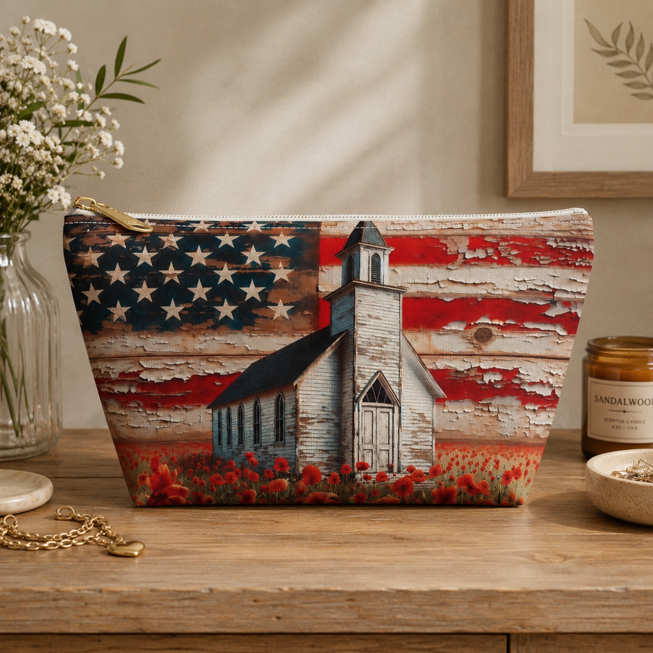 Patriotic Church Pouch. | Americana Christian Makeup Bag, Rustic Faith Gift product thumbnail image Patriotic Church Pouch. | Americana Christian Makeup Bag, Rustic Faith Gift product thumbnail image