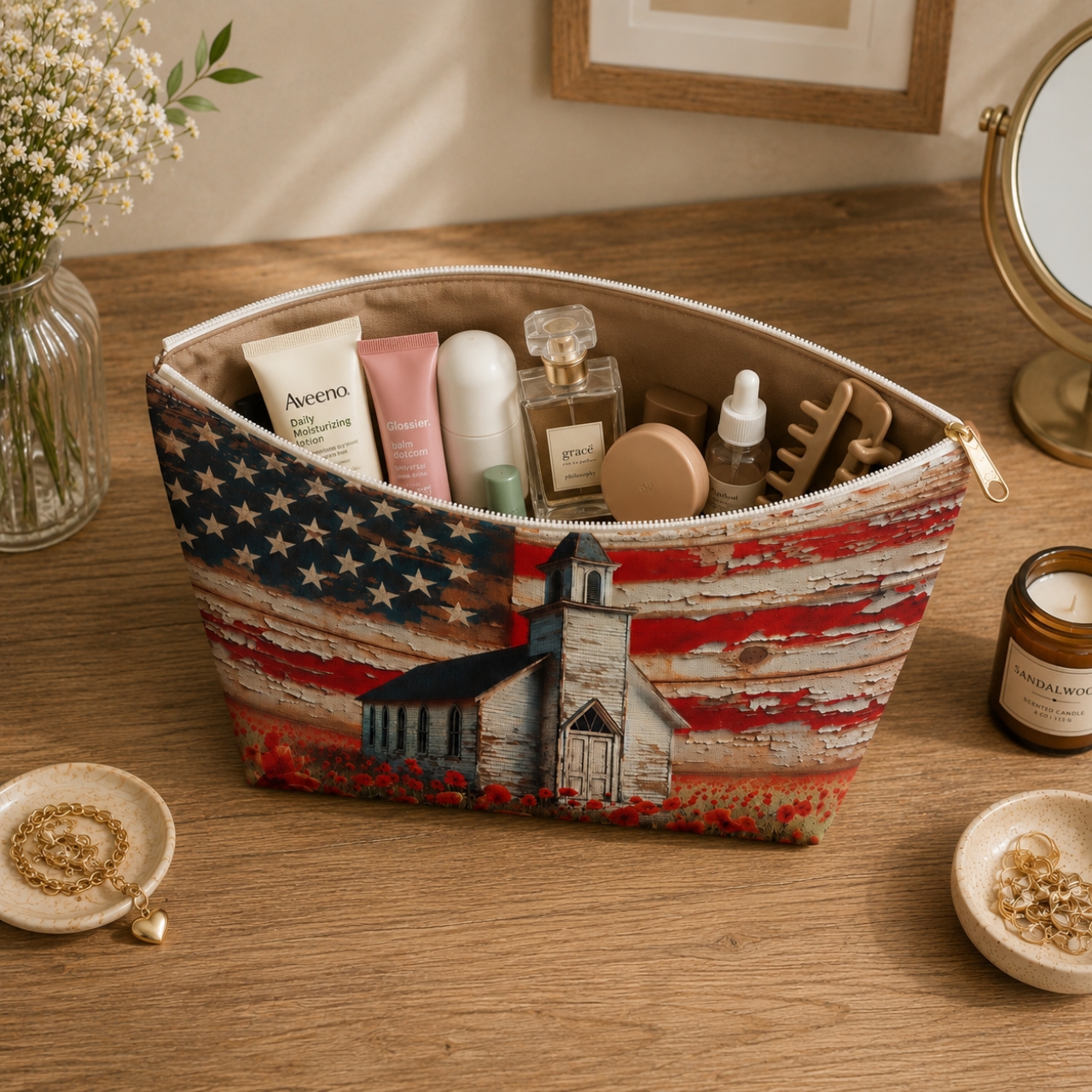 Patriotic Church Pouch. | Americana Christian Makeup Bag, Rustic Faith Gift product thumbnail image Patriotic Church Pouch. | Americana Christian Makeup Bag, Rustic Faith Gift product thumbnail image